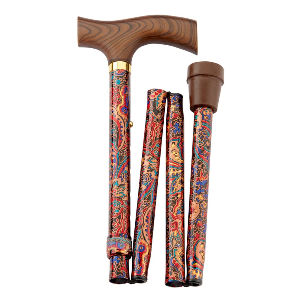 Faltbarer Gehstock mit Holzgriff und Paisley-Muster. Der Stock ist teilweise zusammengeklappt.