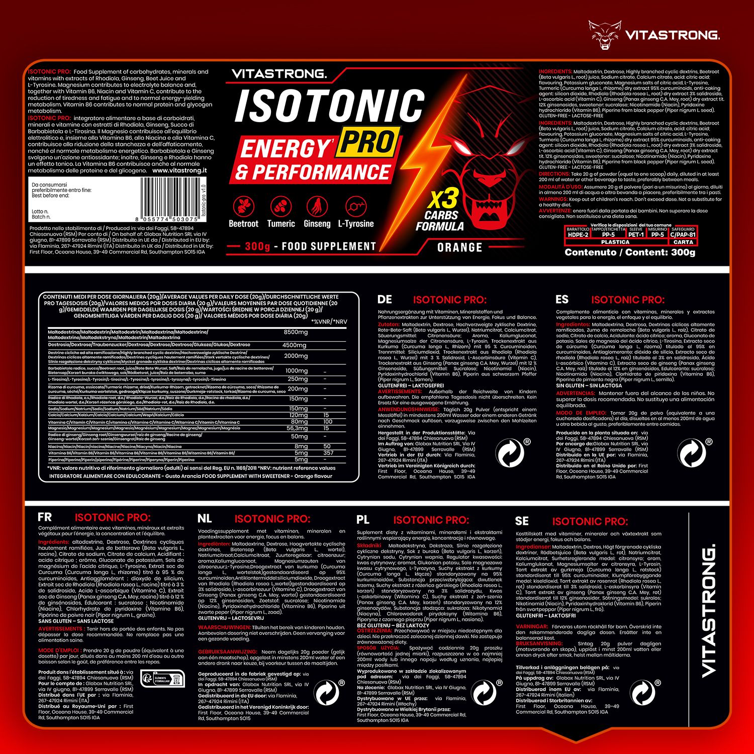 Produktverpackung mit Text in verschiedenen Sprachen. Logo. Nährwertangaben. Schwarzer Hintergrund.