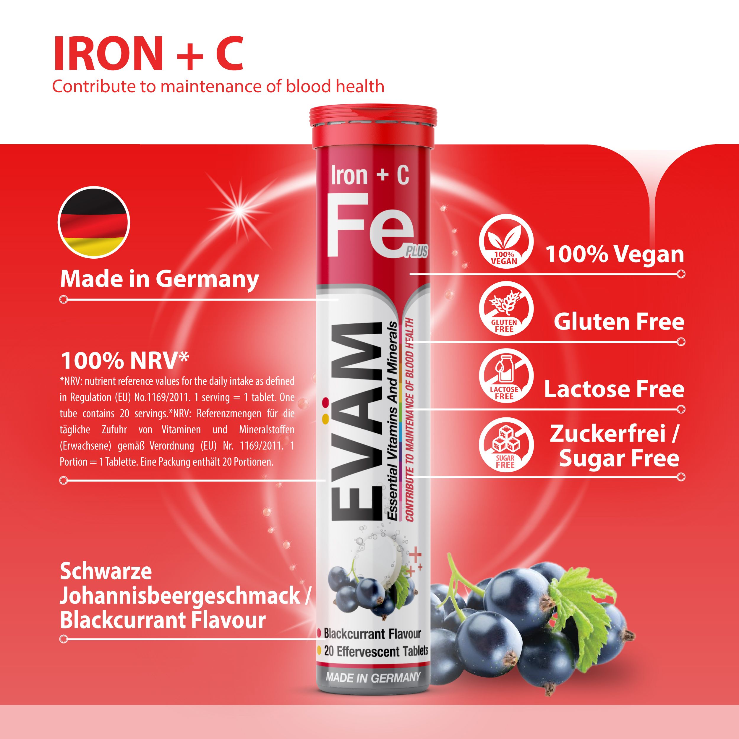 Rote Verpackung mit Produkt und Informationen. Enthält Angaben zu Vegan, Glutenfrei, Laktosefrei und Zuckerfrei.