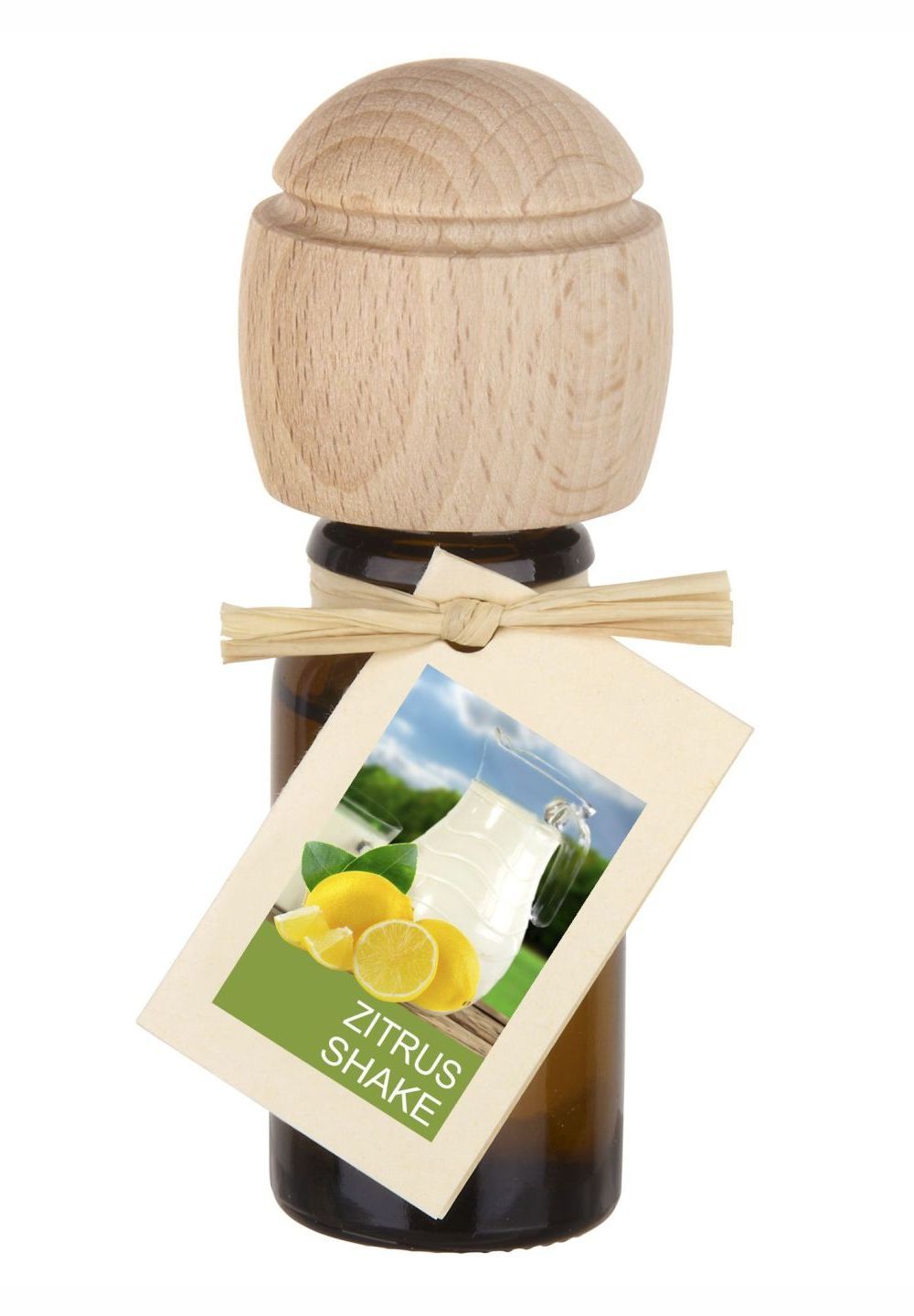 Braune Glasflasche mit Holzverschluss und Anhänger. Anhänger zeigt Zitronen und Schriftzug Zitrus Shake.
