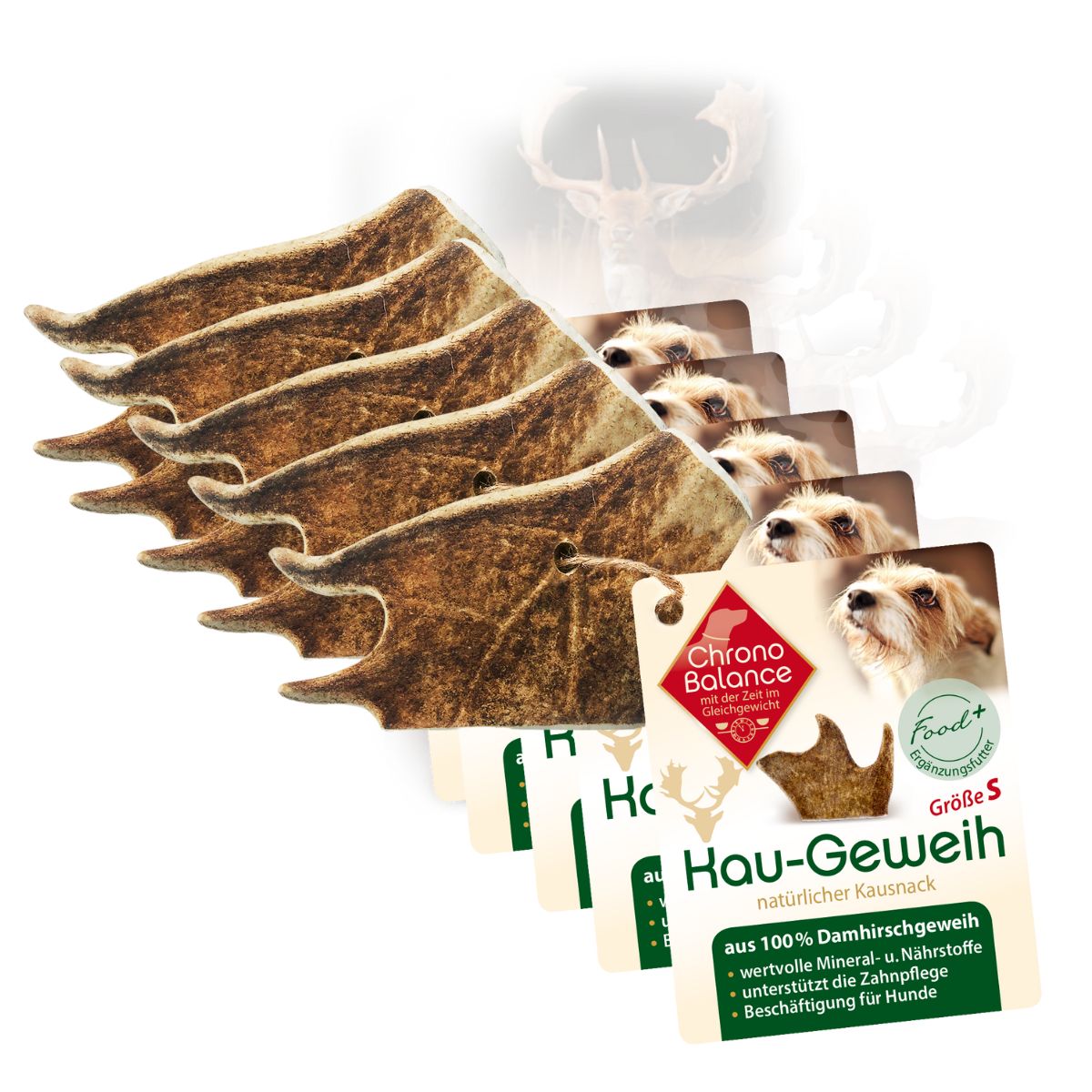 Mehrere Damhirsch Kaugeweih-Stücke mit Etiketten. Etikett zeigt Produktname, Hundebild und Logo. Größe S.
