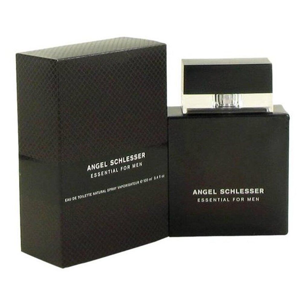 Schwarzer Flakon und Schachtel. Aufschrift: Angel Schlesser Essential For Men. Eau de Toilette Spray.
