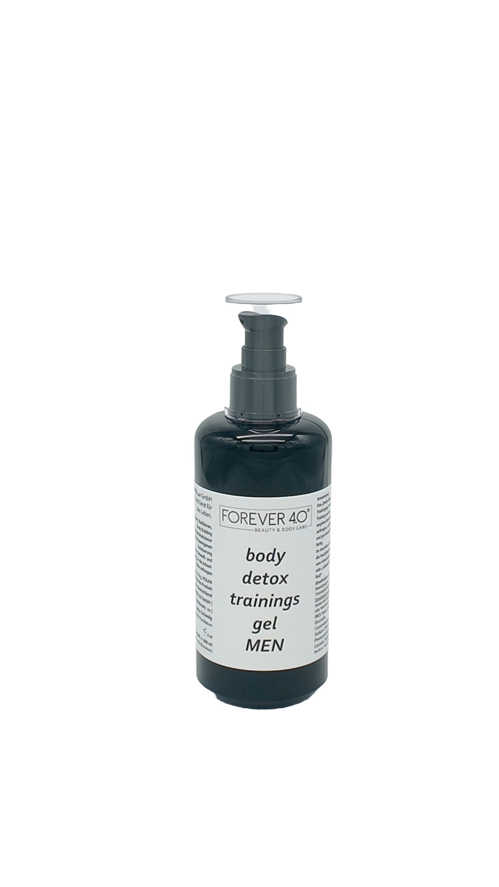 Dunkle Flasche mit Pumpe. Aufkleber mit "FOREVER 40" und "body detox trainings gel MEN".