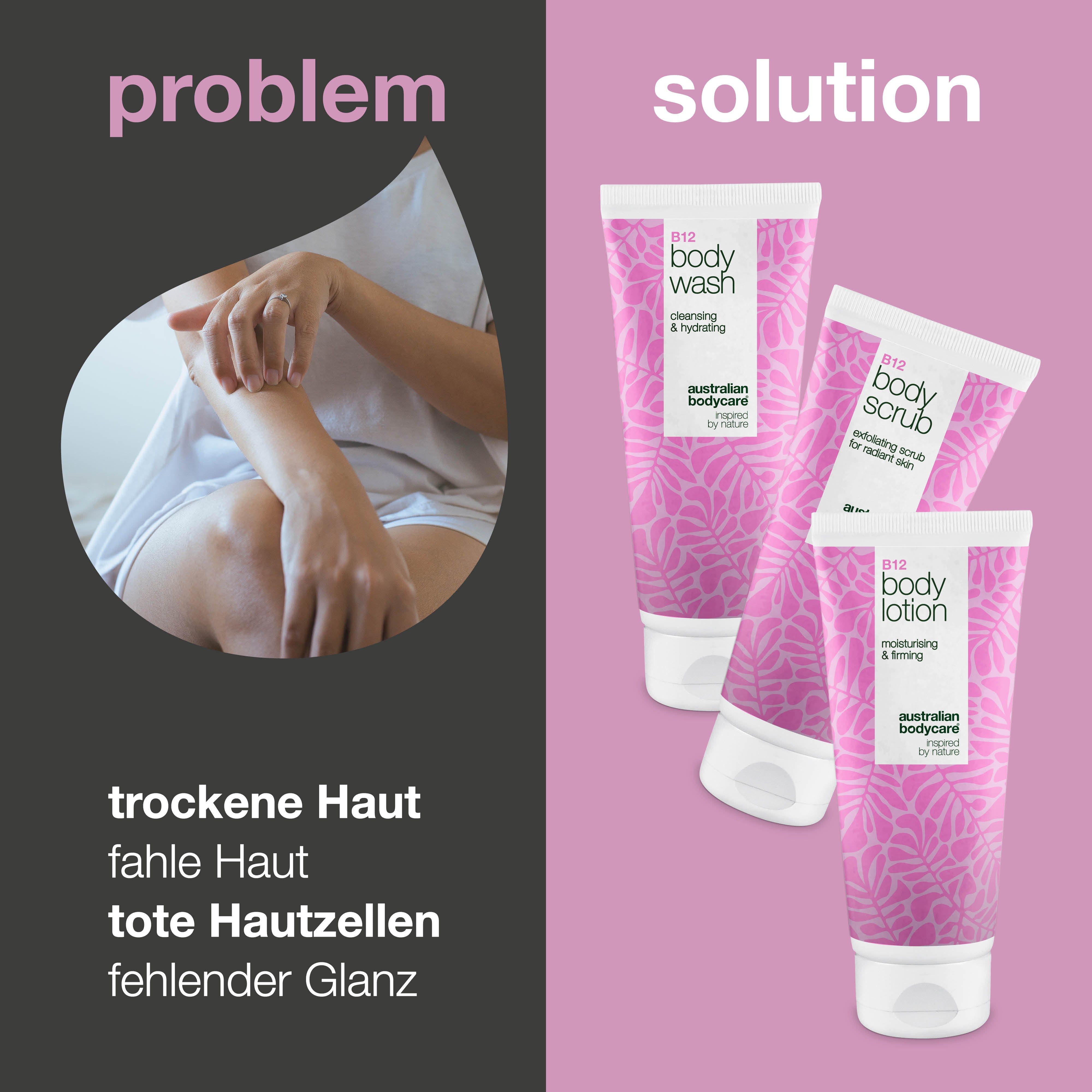 Bild zeigt Problem und Lösung. Links: trockene Haut. Rechts: B12 Body Wash, Scrub, Lotion. Rosa Design, weißer Deckel.