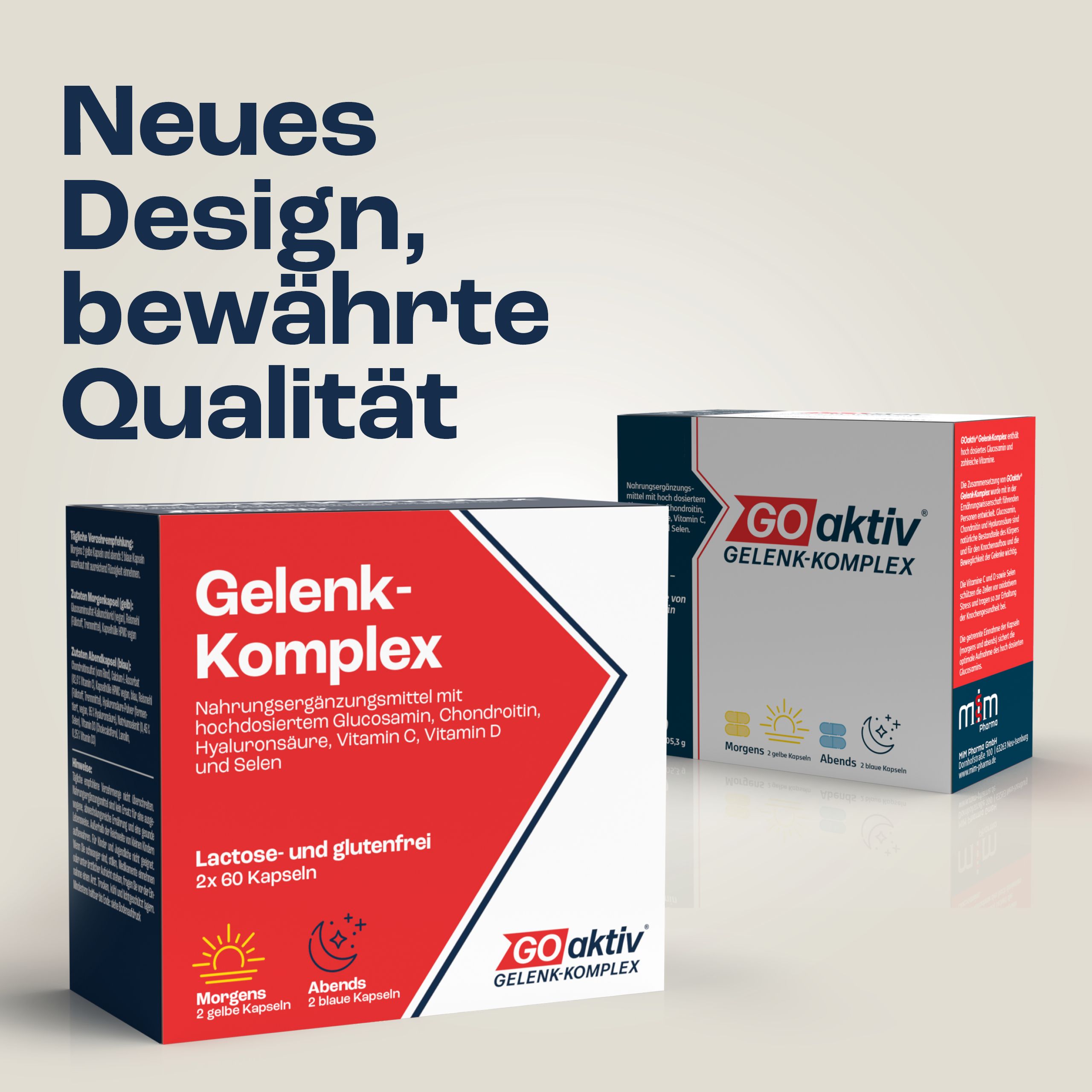 GOaktiv® Gelenk-Komplex Packung. Rote und weiße Verpackung. Text: Neues Design, bewährte Qualität. Lactose- und glutenfrei.