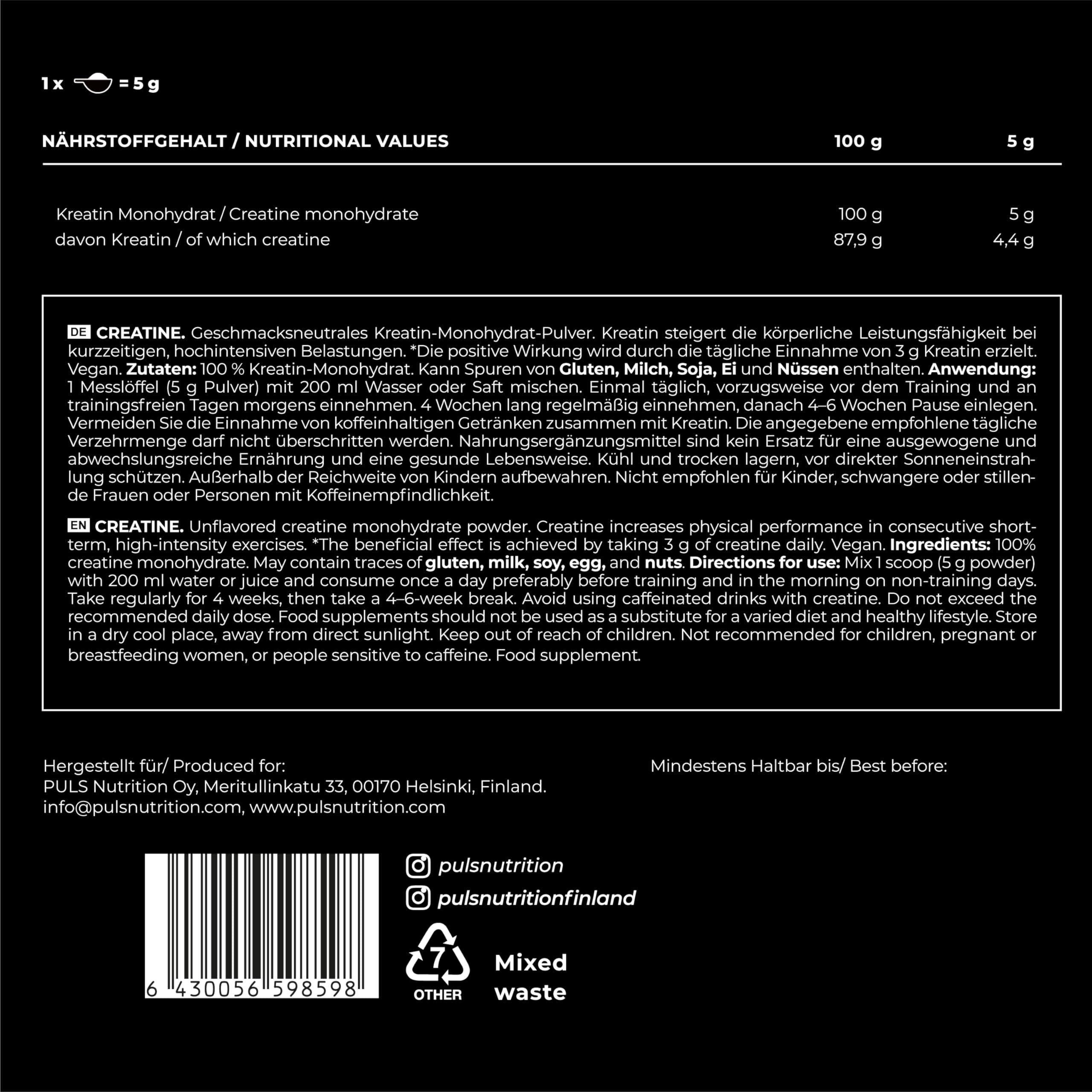 Nährwerttabelle. Enthält Kreatin Monohydrat. Enthält auch Informationen zu Inhaltsstoffen und Anwendungshinweisen.
