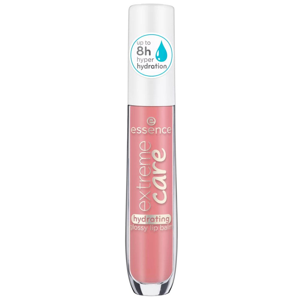 Essence Extrempflege Feuchtigkeitsspendender Lipgloss. Rosa Lipgloss-Tube mit weißem Deckel. Aufschrift: Extreme Care, hydrating glossy lip balm.