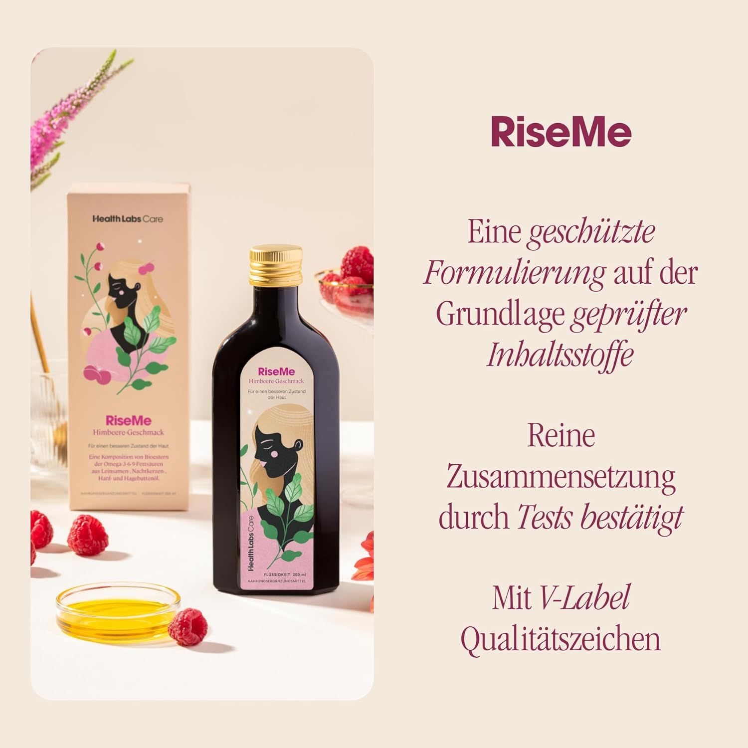 Health Labs Care RiseMe Flasche und Verpackung. Aufschrift: Reine Zusammensetzung durch Tests bestätigt, mit V-Label Qualitätszeichen.