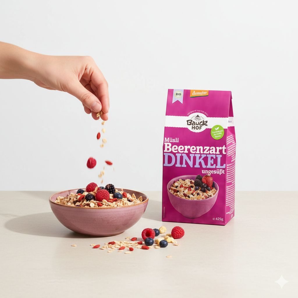 Hand streut Goji-Beeren in eine Schüssel mit Dinkel Müsli und Beeren.