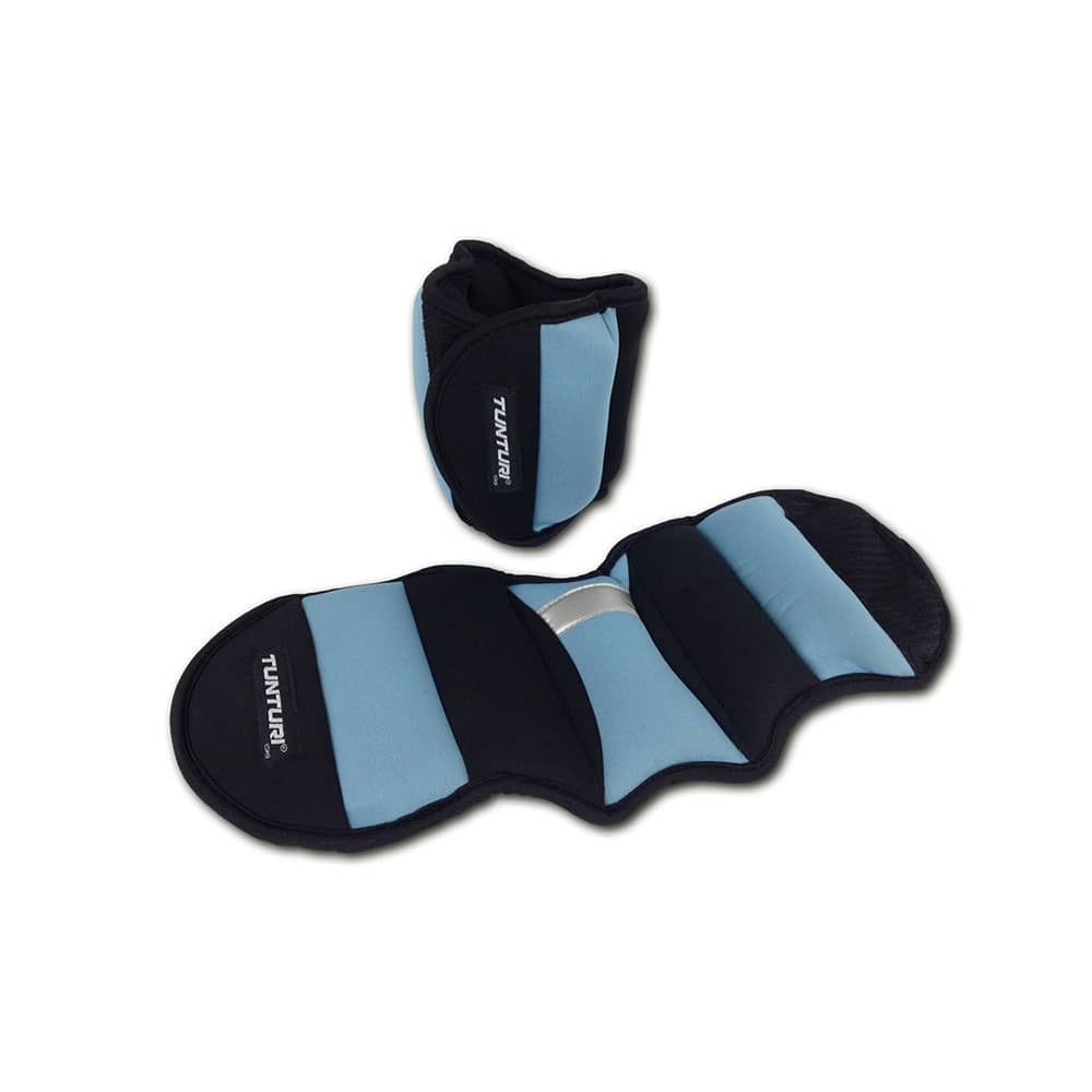 Gewichtsmanschetten, blau und schwarz. Marke Tunturi. Zwei Manschetten, eine offen, eine geschlossen.