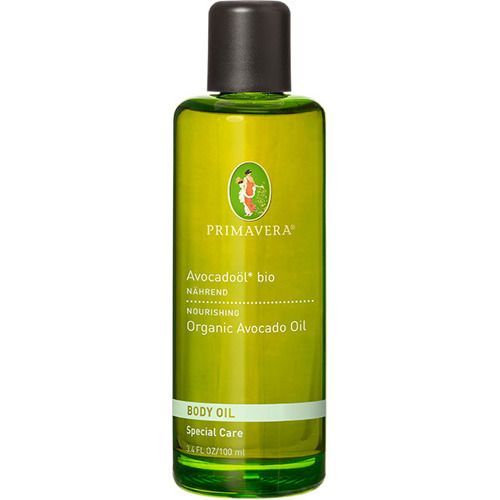 Grüne Glasflasche PRIMAVERA® Body Oil. Schwarzer Deckel, Etikett mit Text. 100 ml.