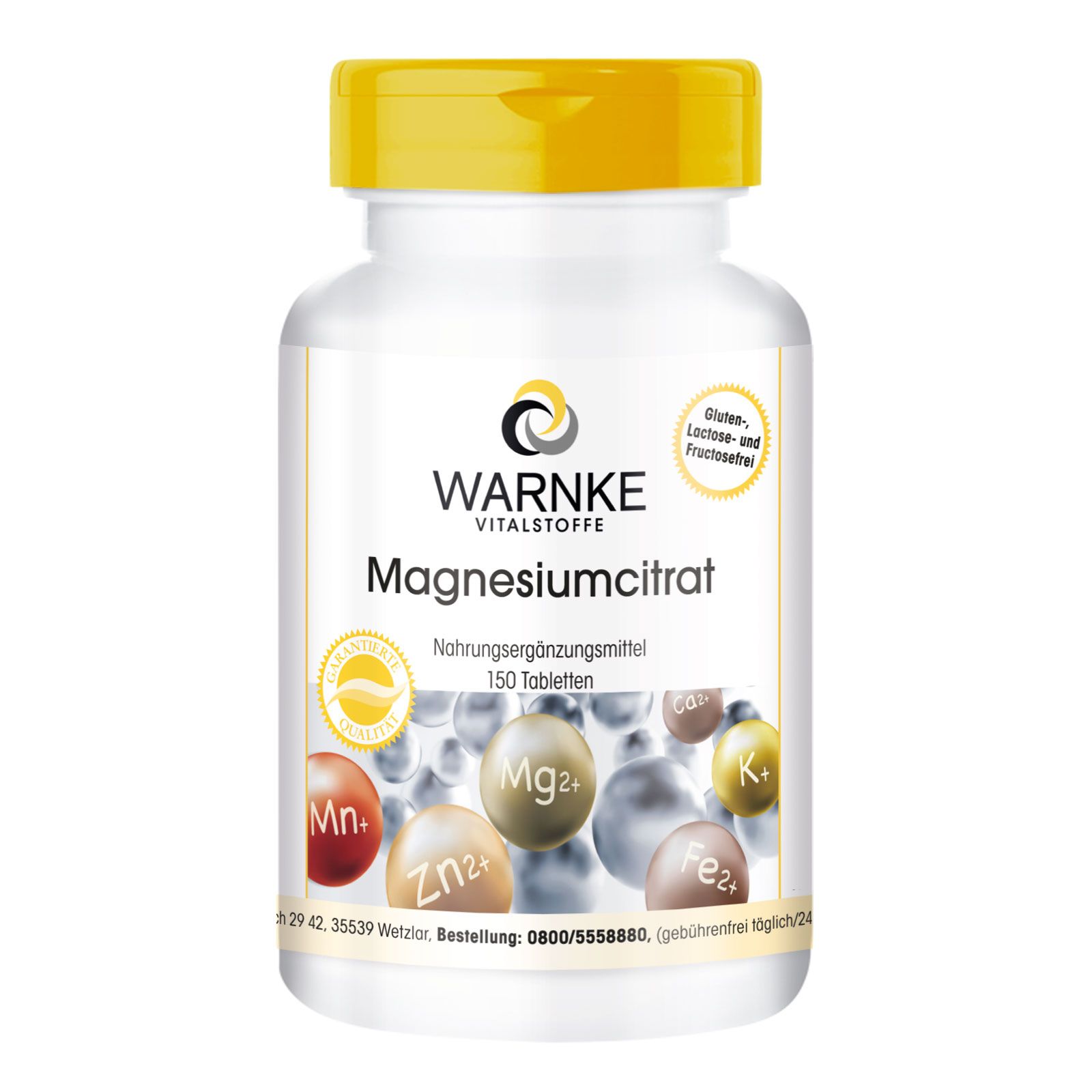 Weißes Pillenbehälter mit gelbem Deckel. Aufschrift: Warnke Vitalstoffe Magnesiumcitrat. 150 Tabletten. Mit Zertifizierungen.