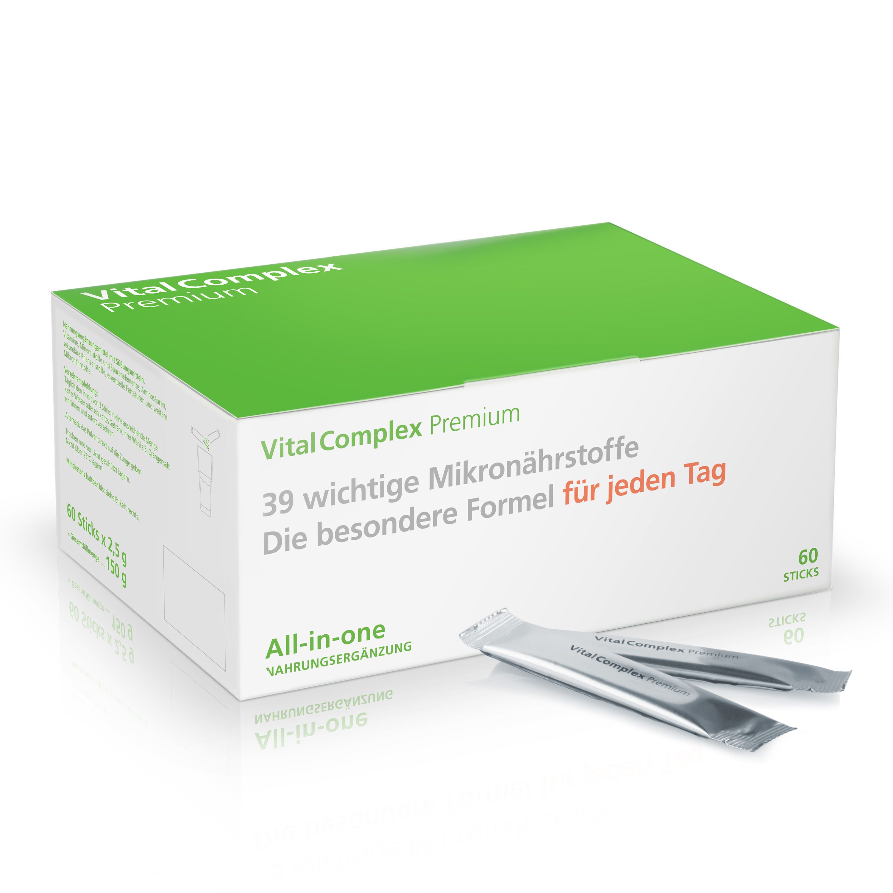 Karton mit VitalComplex Premium. 60 Sticks. Text: 39 wichtige Mikronährstoffe für jeden Tag. Zwei Sticks liegen daneben.