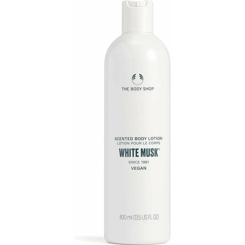 Weiße Flasche mit THE BODY SHOP-Logo und Text: Scented Body Lotion White Musk. Vegan. 400 ml.