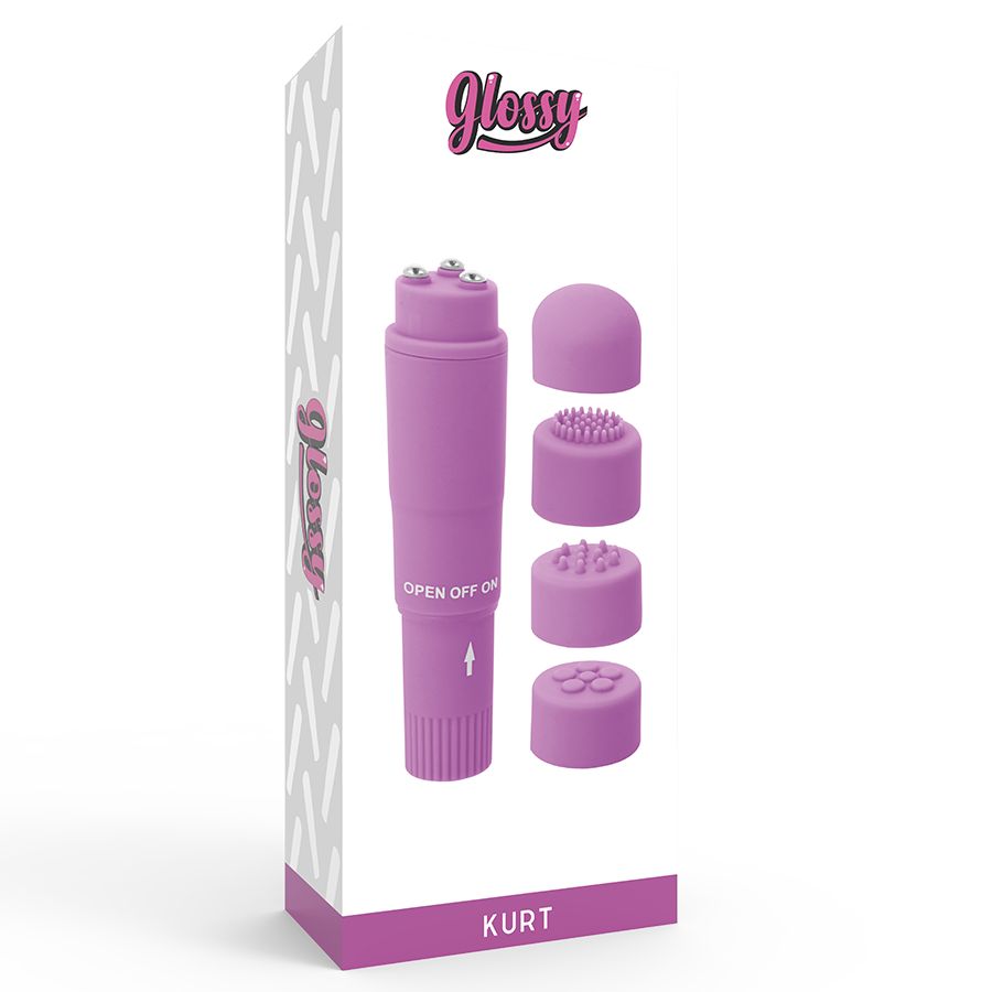 Verpackung mit lila Mini-Massagevibrator und vier Aufsätzen. Aufschrift "GLOSSY" und "KURT".