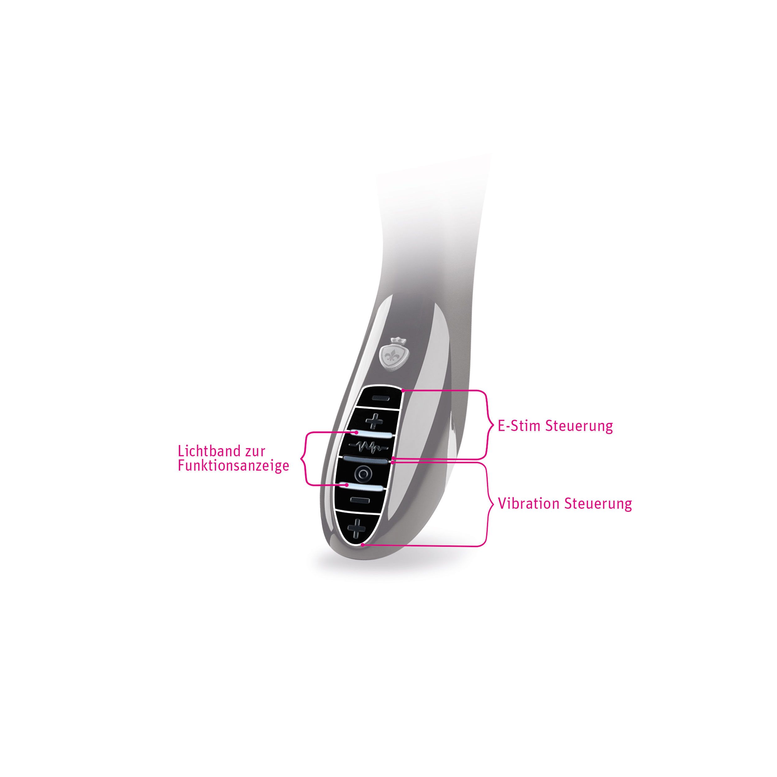 Detailansicht des Wellness-Produkts. Steuerung für E-Stim und Vibration. Lichtband zur Funktionsanzeige.
