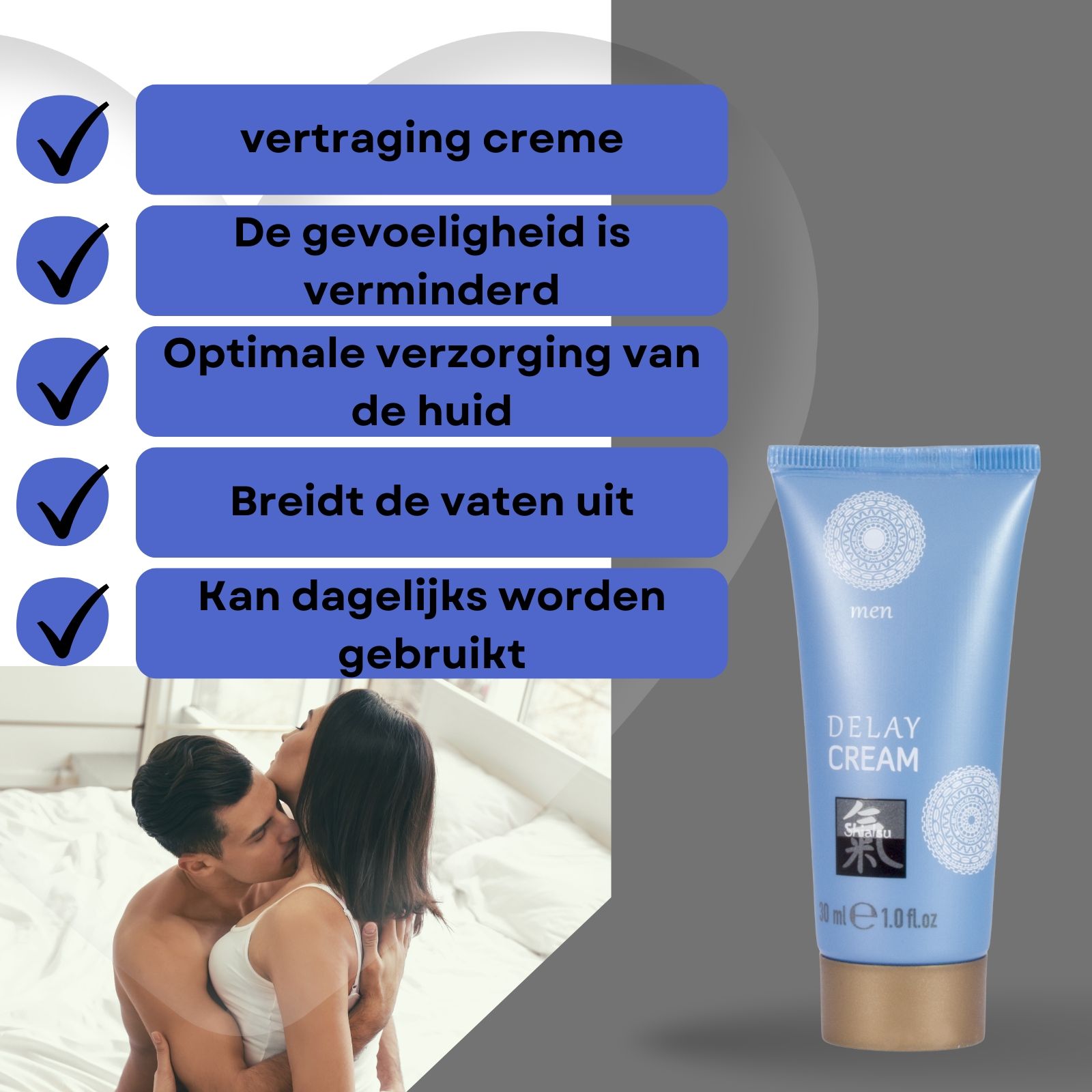 Blauwe tube en tekst. Tekst: vertragende crème, gevoeligheid verminderd, optimale verzorging.