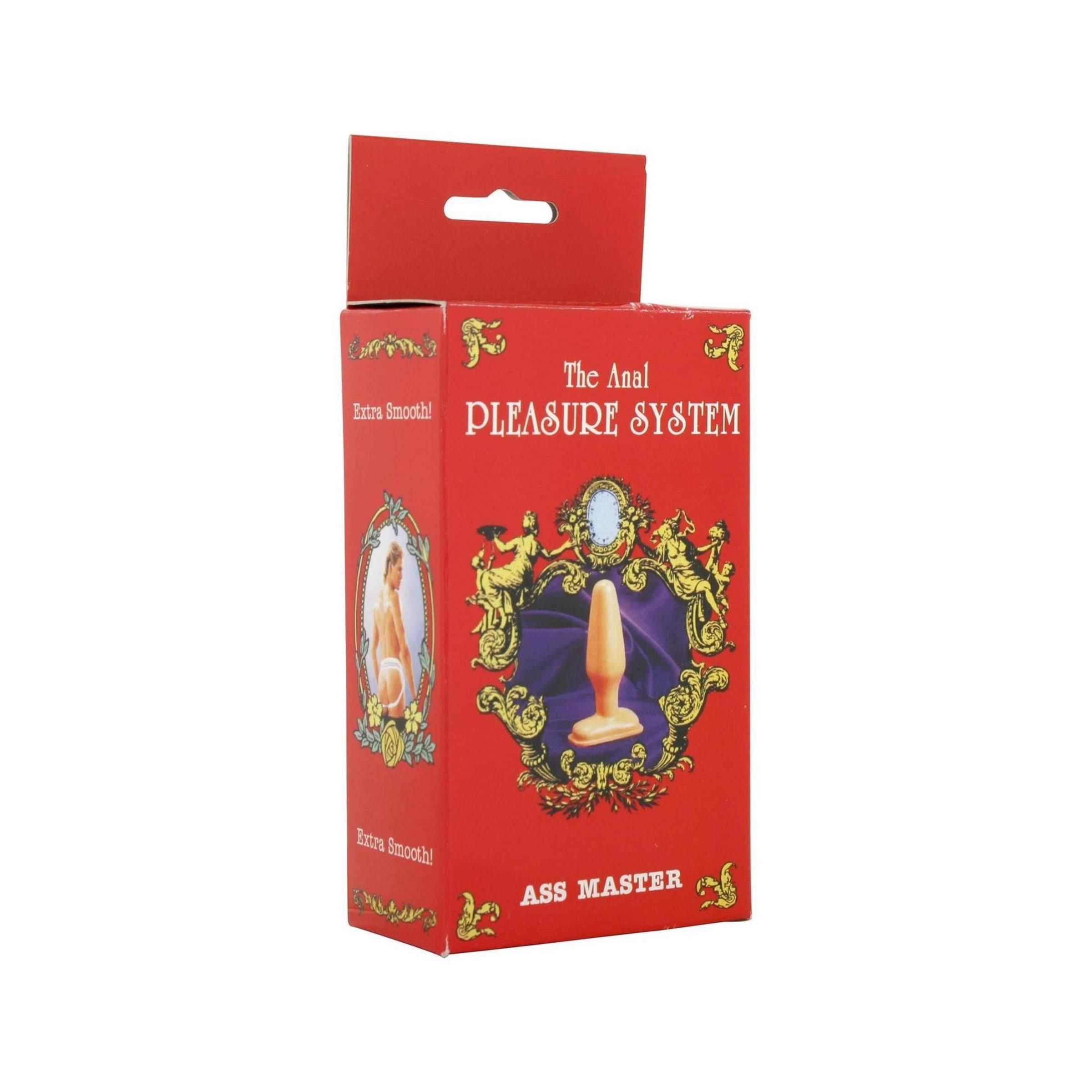 Rote Verpackung mit Produktname und Abbildung. Aufschrift: The Anal Pleasure System, Ass Master. Produktabbildung.