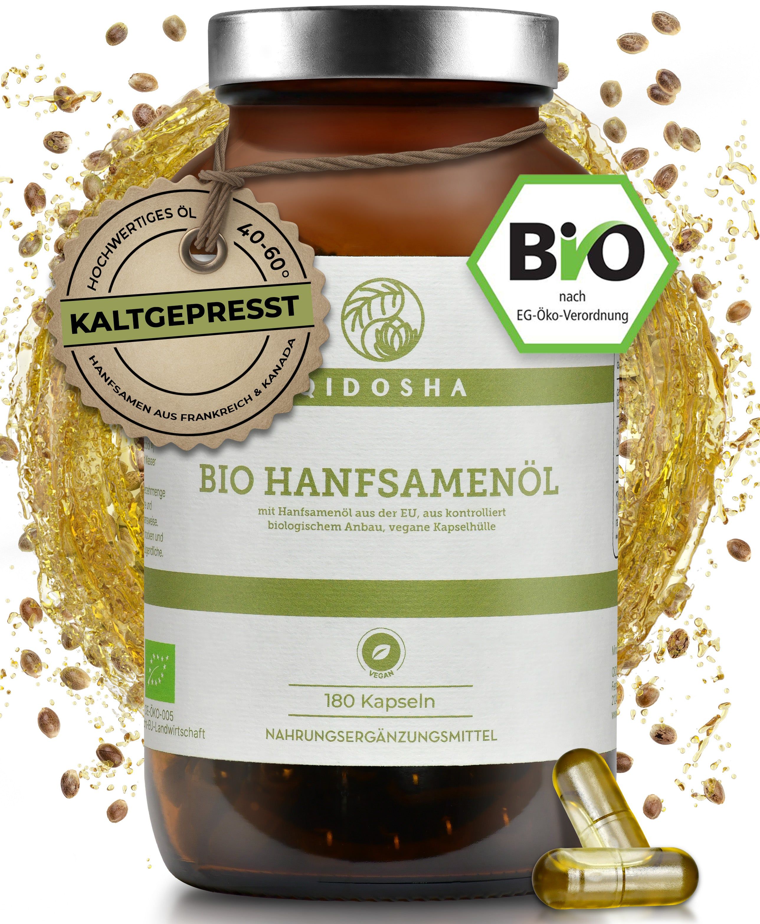Qidosha Bio Hanföl Kapseln, 180 Stück. Kaltgepresstes Hanföl aus EU, biologisch angebaut, vegan.