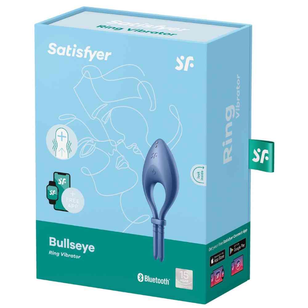 Verpackung für Ringvibrator. Auf der Verpackung steht "Satisfyer", "Bullseye Ring Vibrator". Produkt in der Verpackung.