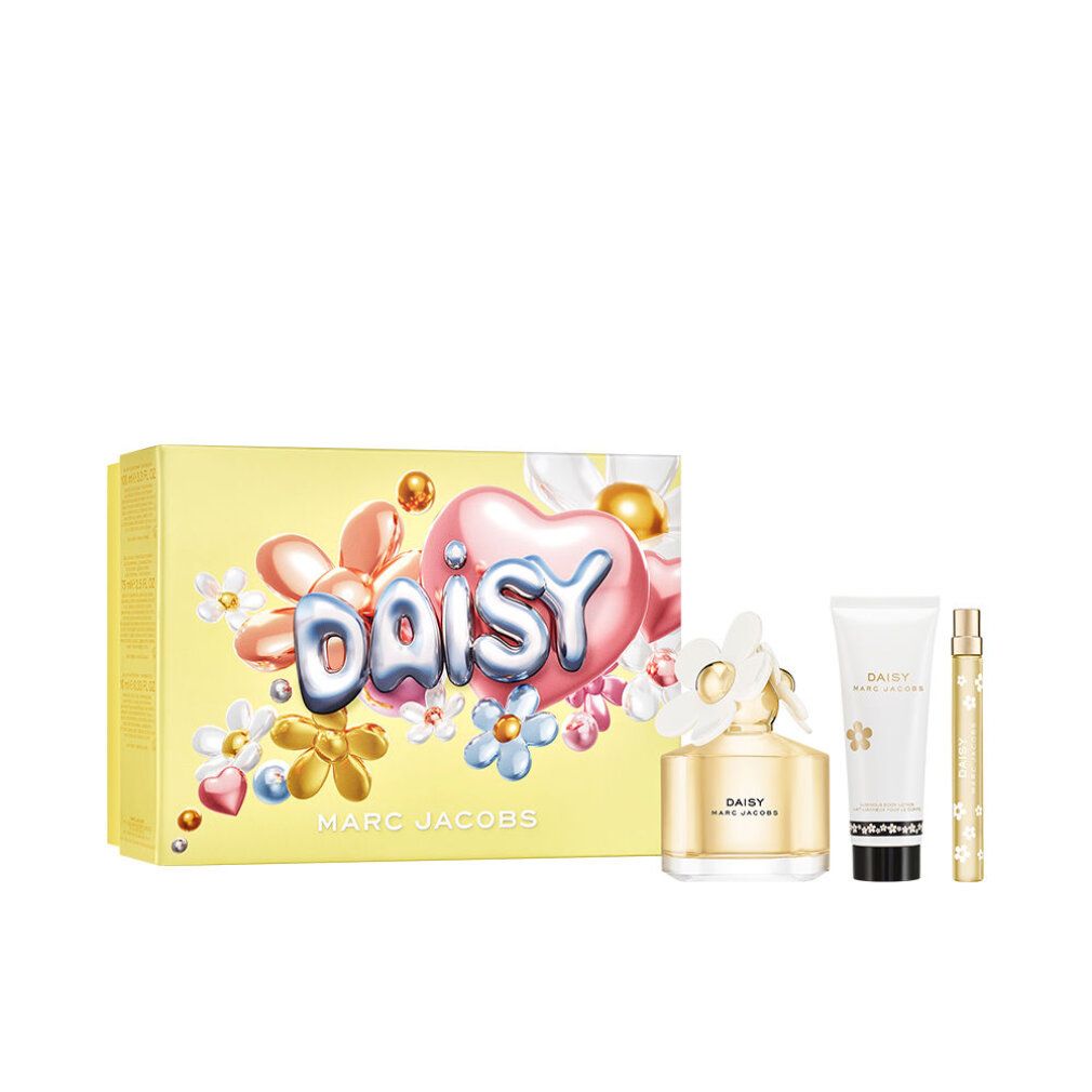 Geschenkset mit gelber Schachtel, Parfümflakon, Miniatur und Tube. Aufschrift "DAISY MARC JACOBS".