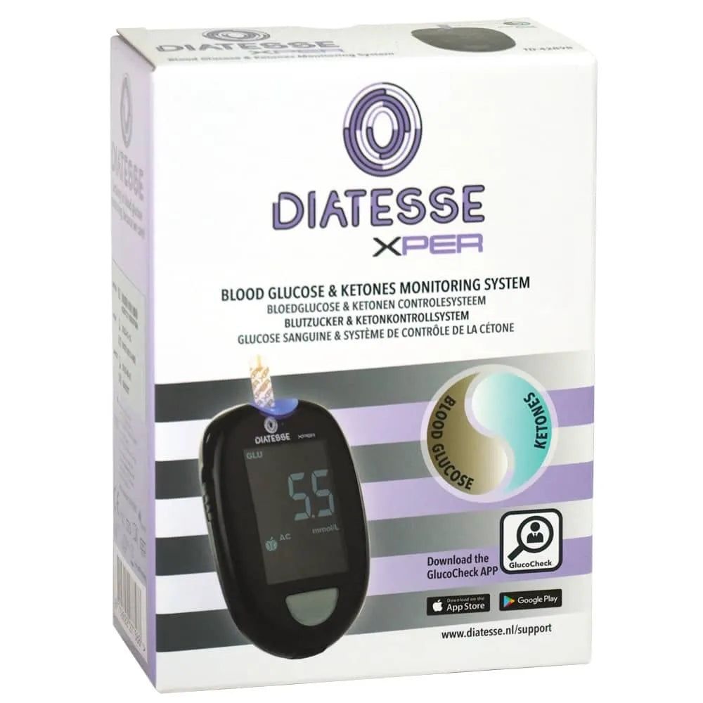Diatesse XPER Blutzuckermessgerät Starter-Set: Messgerät, Teststreifen, Stechhilfe. Anzeige für Blutzucker und Ketone.