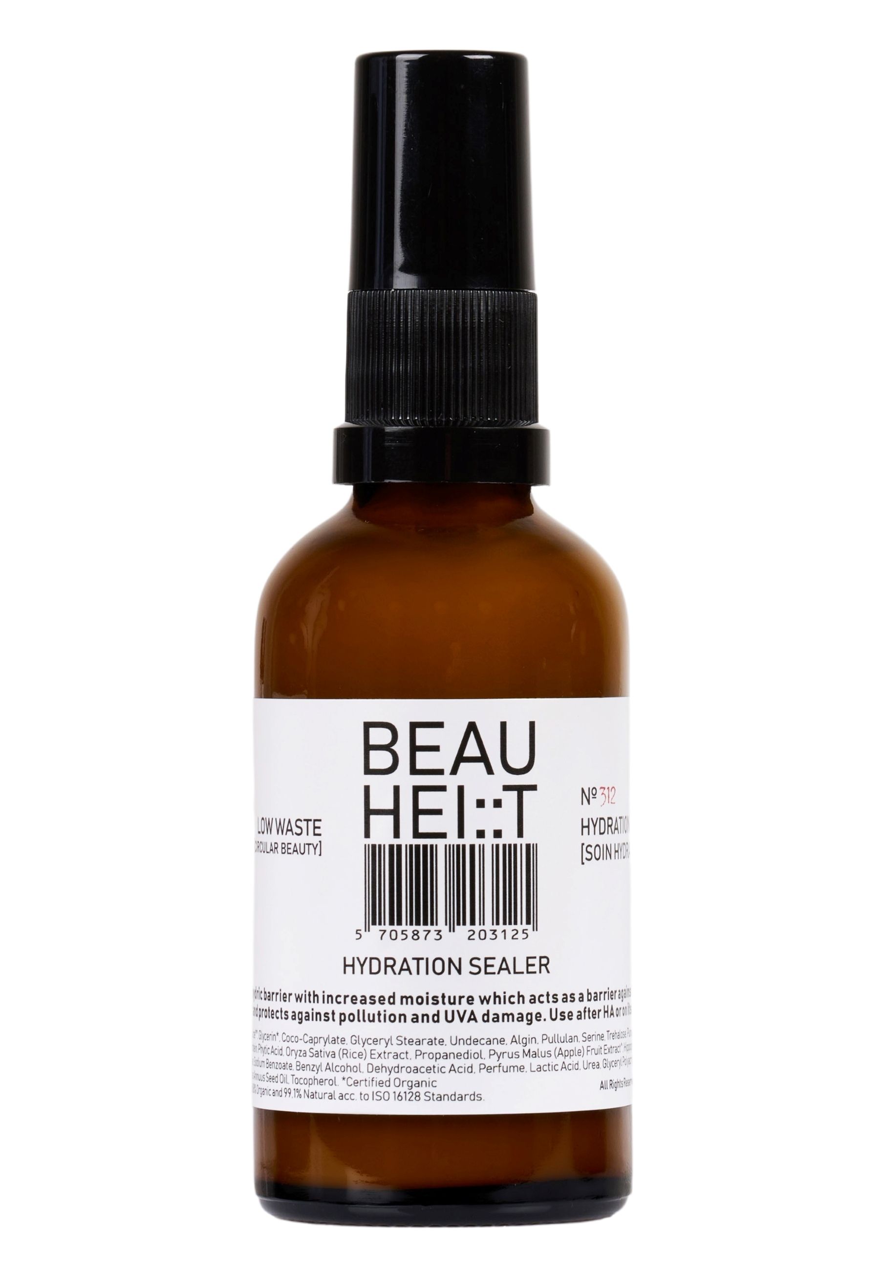 Braune Glasflasche mit schwarzem Sprühkopf. Weißes Etikett mit Produktnamen und Barcode. Text: HYDRATION SEALER.