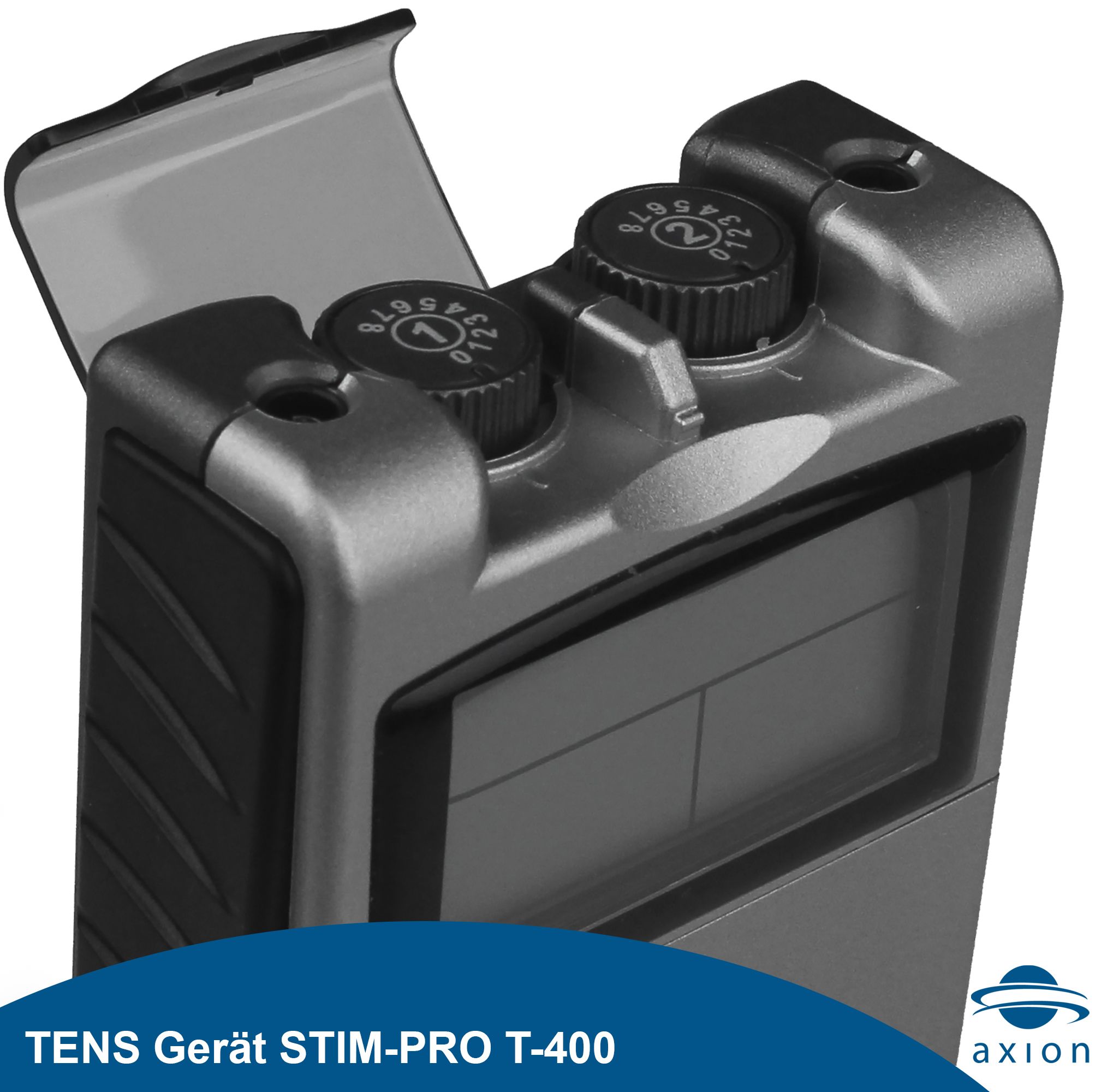 Nahaufnahme des TENS-Geräts STIM-PRO T-400. Drehregler, Display, axion-Logo. Schwarze und silberne Farben.