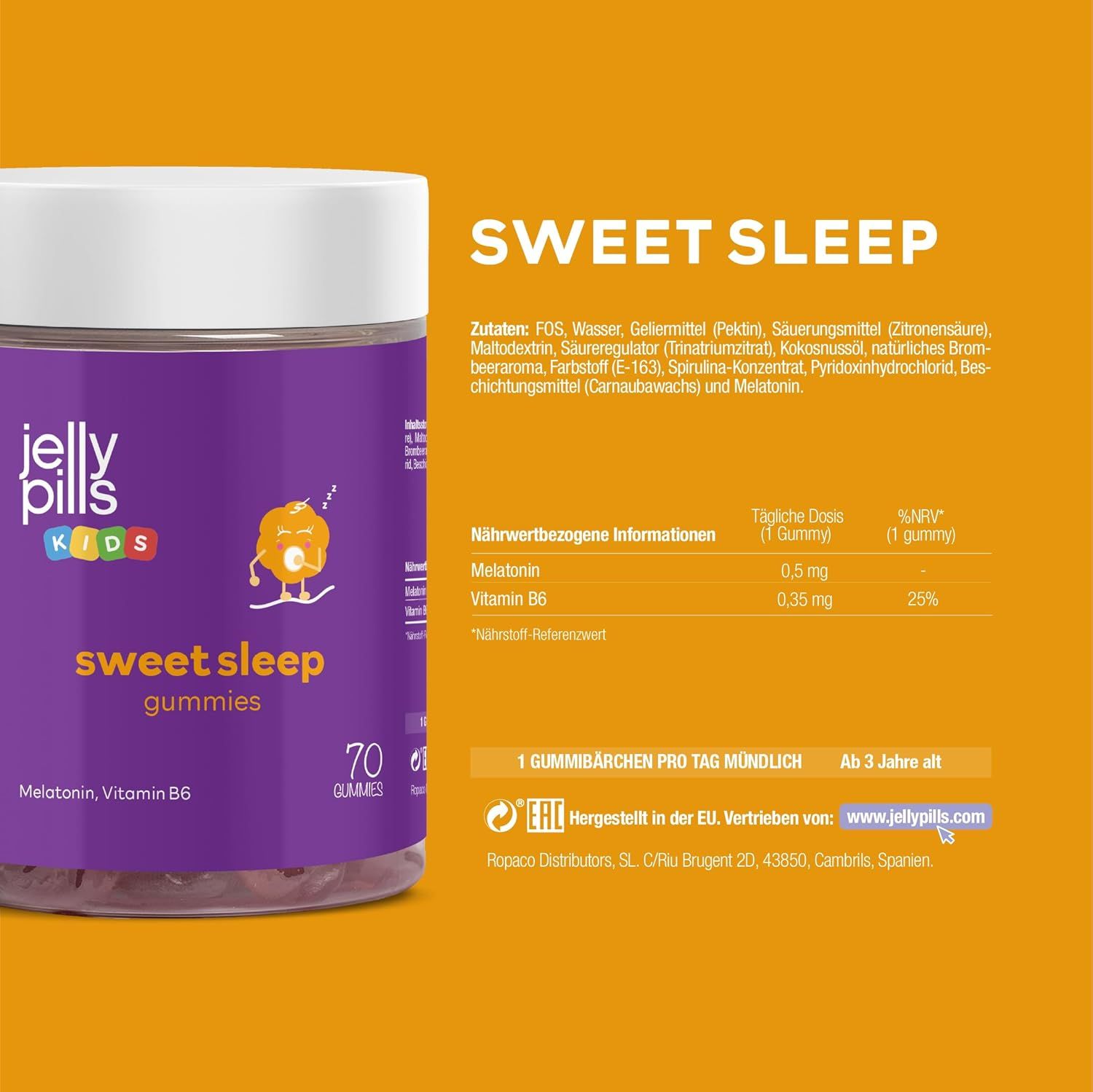 Ein Glas Jelly Pills Sweet Sleep Kinder Gummies und eine leere weiße Flasche.
