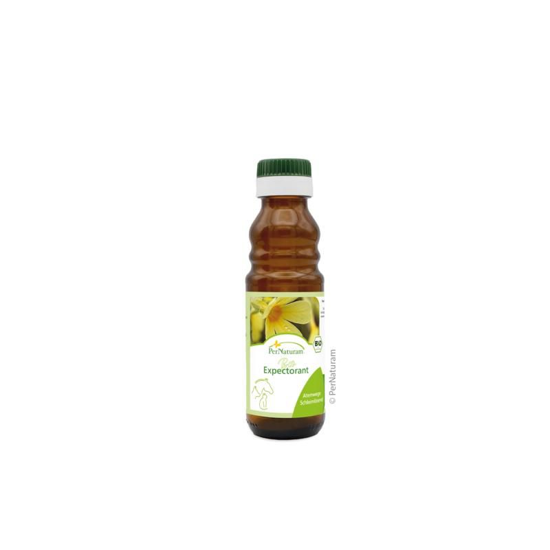 Braune Flasche mit grünem Deckel. Aufschrift: Bio Expectorant. Etikett mit floralem Motiv.