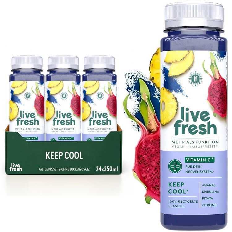LiveFresh Keep Cool. 3 Flaschen in Verpackung, daneben eine einzelne Flasche. Zutaten: Ananas, Spirulina, Pitaya, Zitrone. 24x250ml.