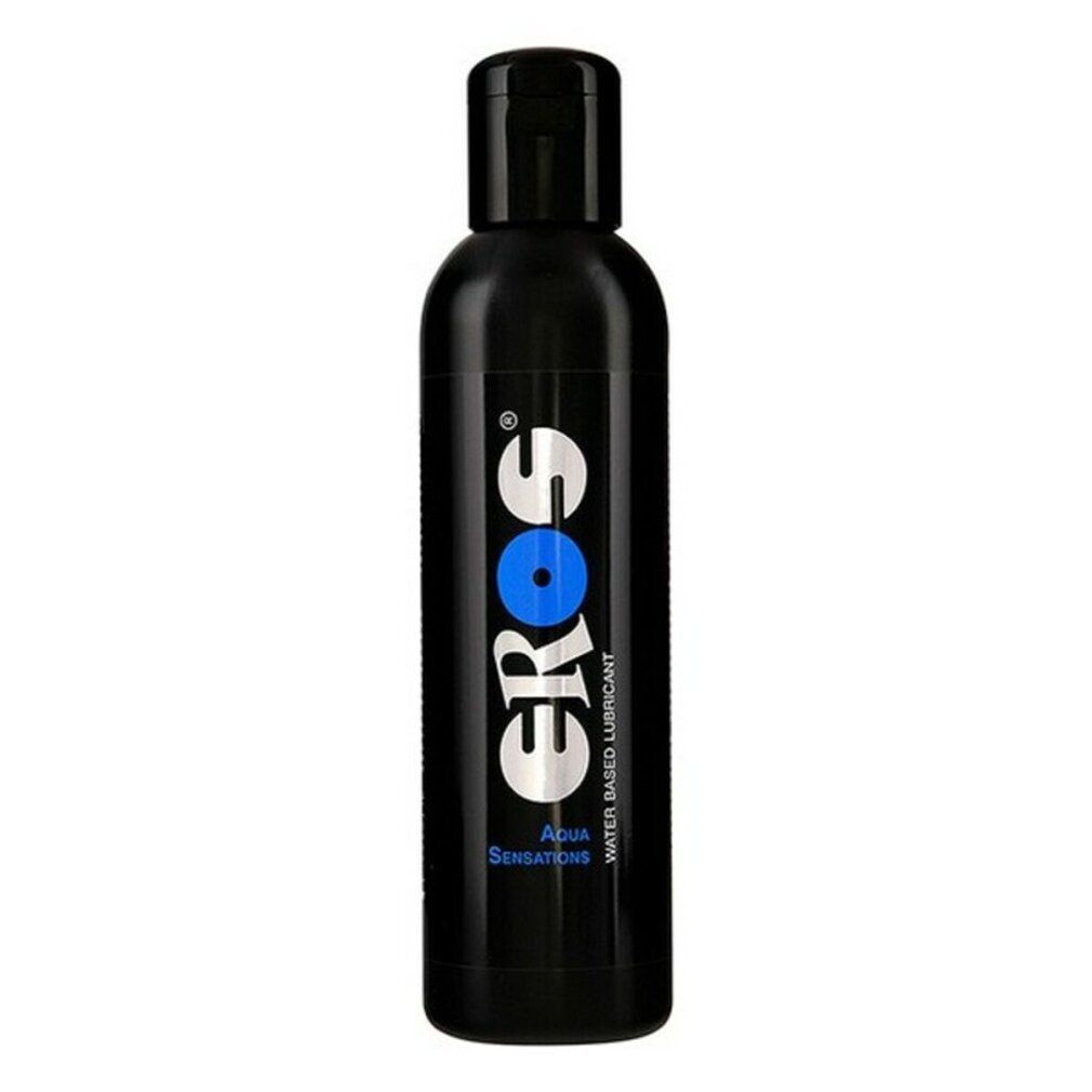 Schwarze Flasche mit Klappverschluss. Aufschrift: EROS, Aqua Sensations, Water Based Lubricant.