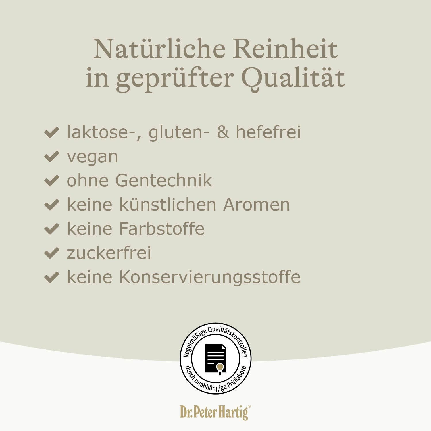 Text mit Auflistung: laktose-, gluten- & hefefrei, vegan, ohne Gentechnik, etc. Siegel.