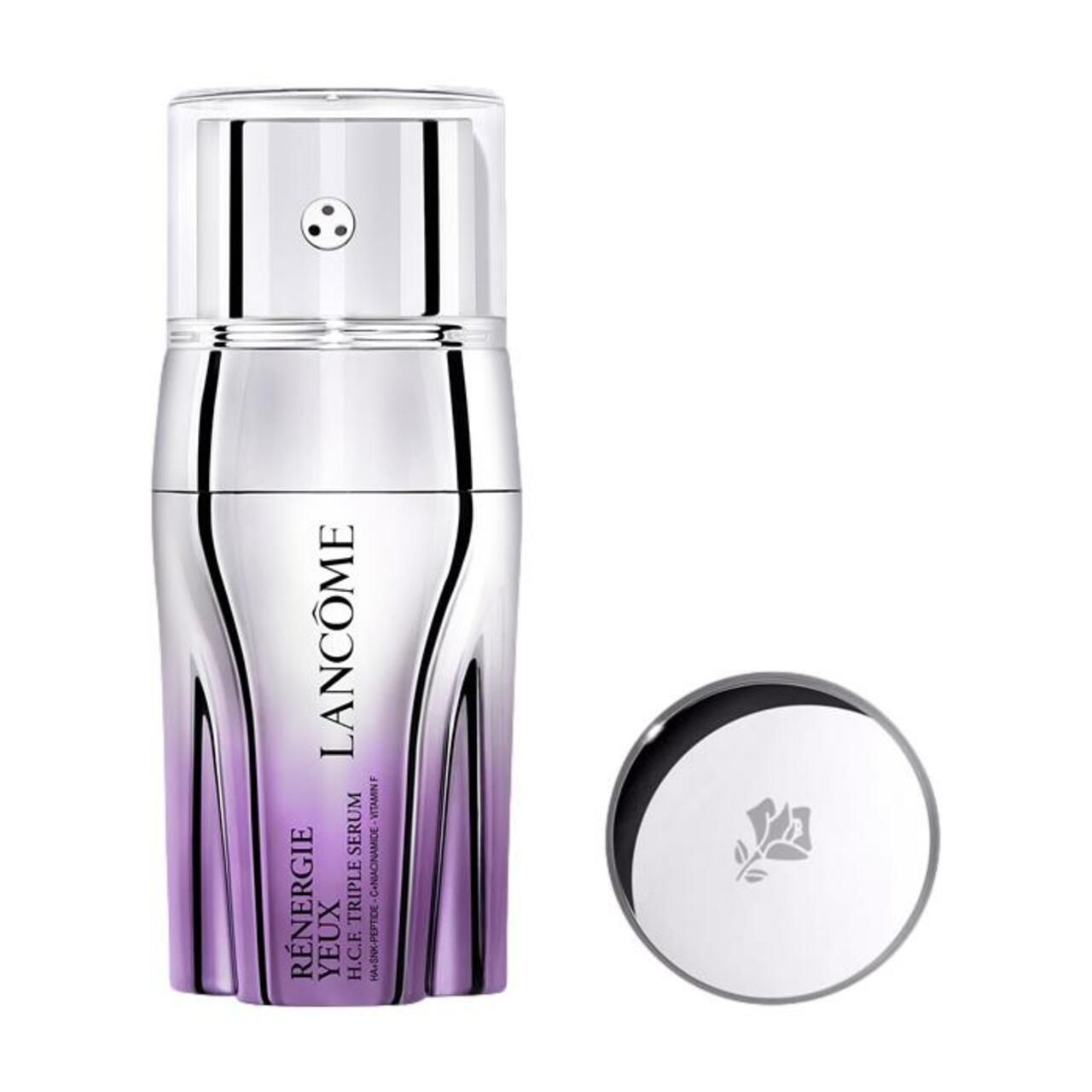 Serumflasche mit Deckel. Silber-Lila-Farbverlauf. Aufschrift: Lancôme, Rénergie Yeux H.C.F. Triple Serum.