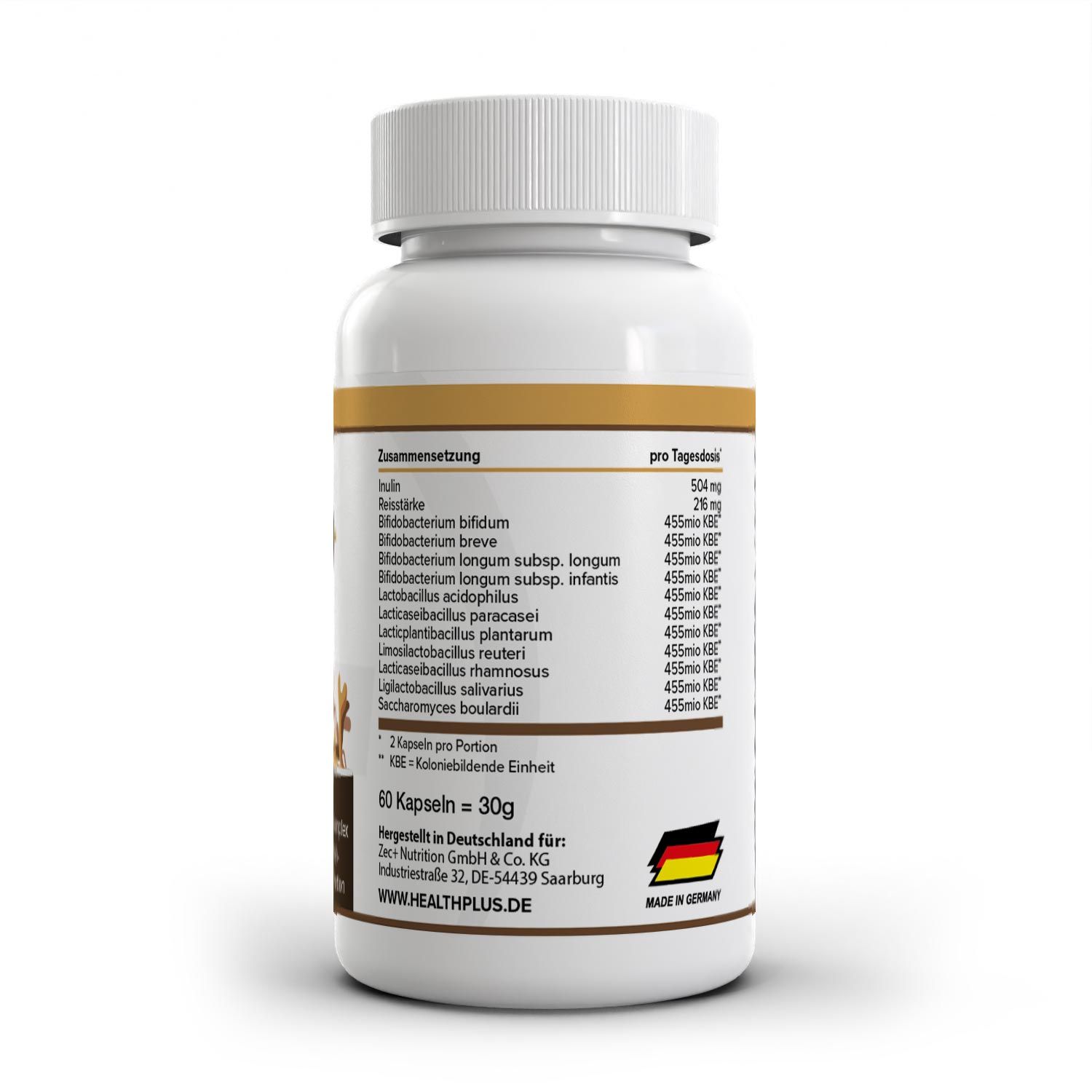 Flasche mit Kapseln, Rückseite mit Zutatenliste und Dosierung. "Hergestellt in Deutschland".