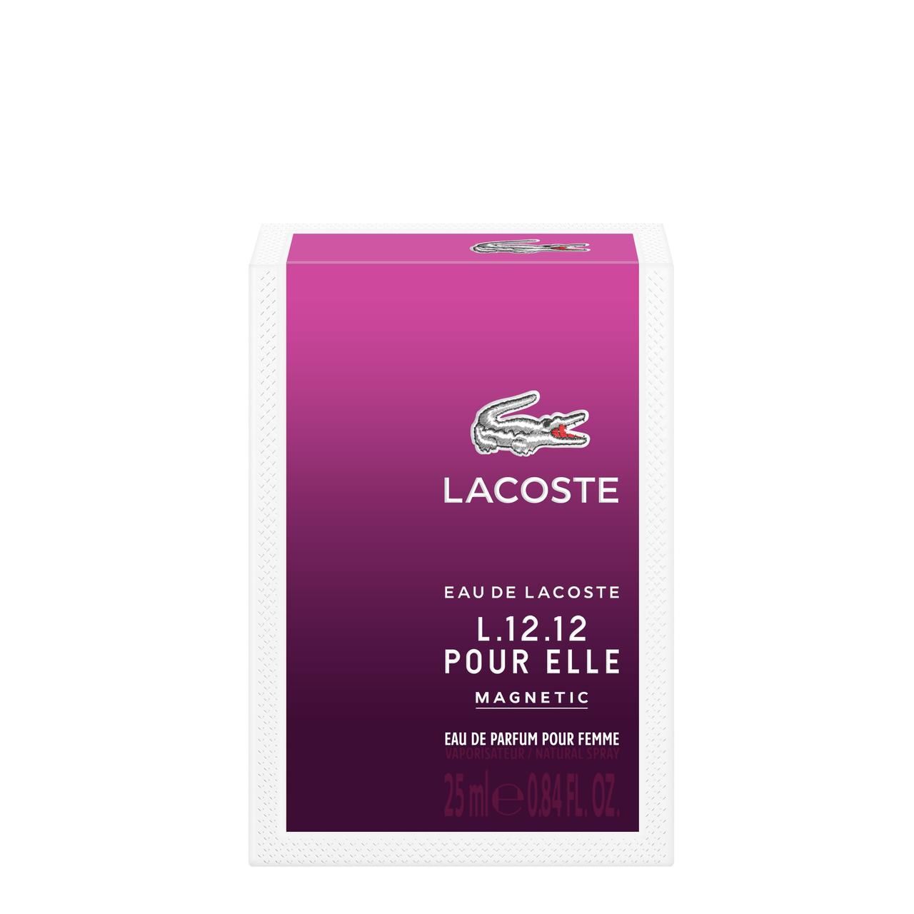 Lacoste Eau de Lacoste L.12.12 pour Elle Magnetic. Verpackung mit Logo, Schriftzug und Krokodil-Emblem. Farbverlauf von Pink nach Lila.