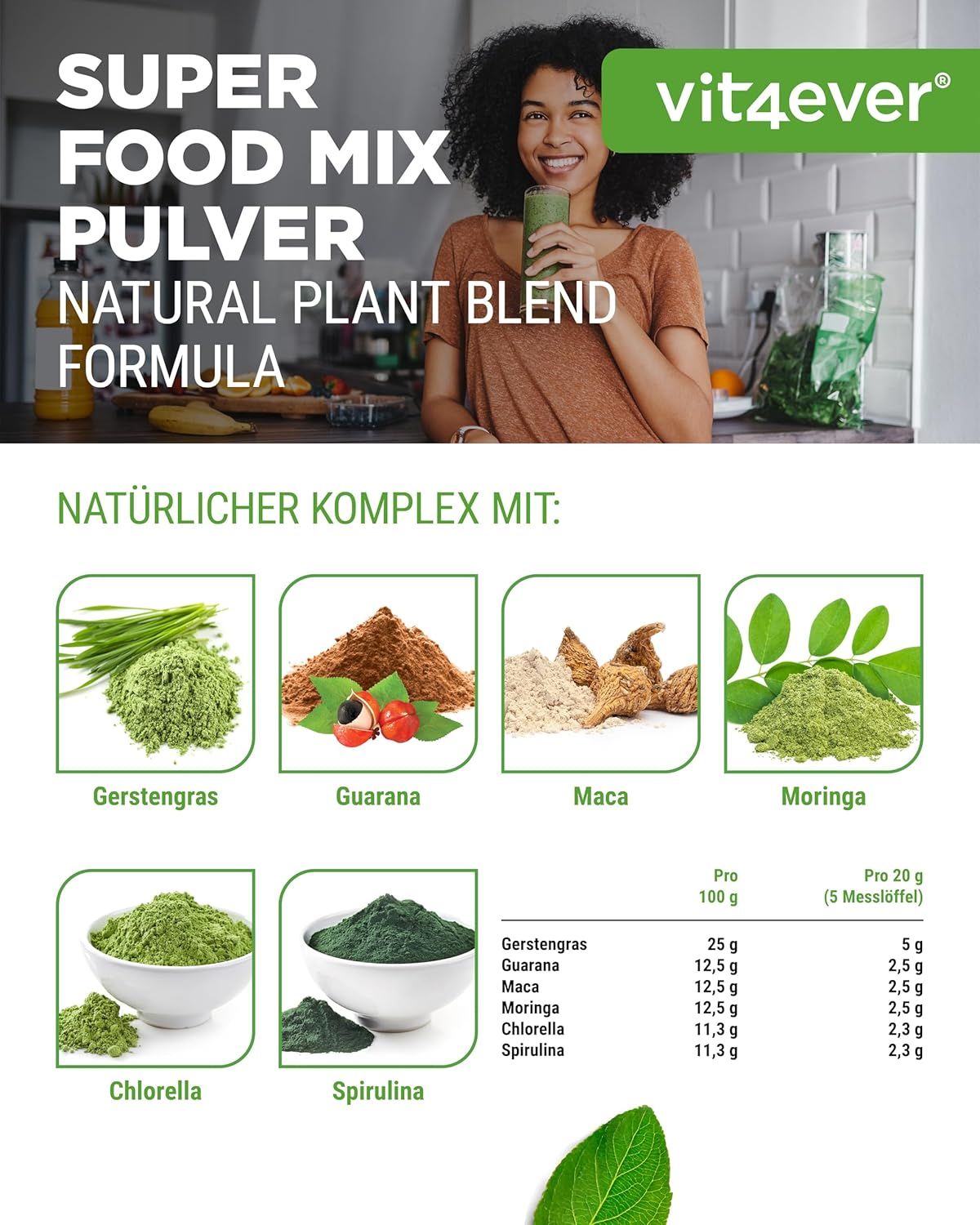 Produktglas mit Aufschrift: Superfood Mix Natural Plant Blend. Enthält Gerstengras, Guarana, Maca, Moringa, Chlorella, Spirulina. Inhaltsstoffe und Nährwertangaben.