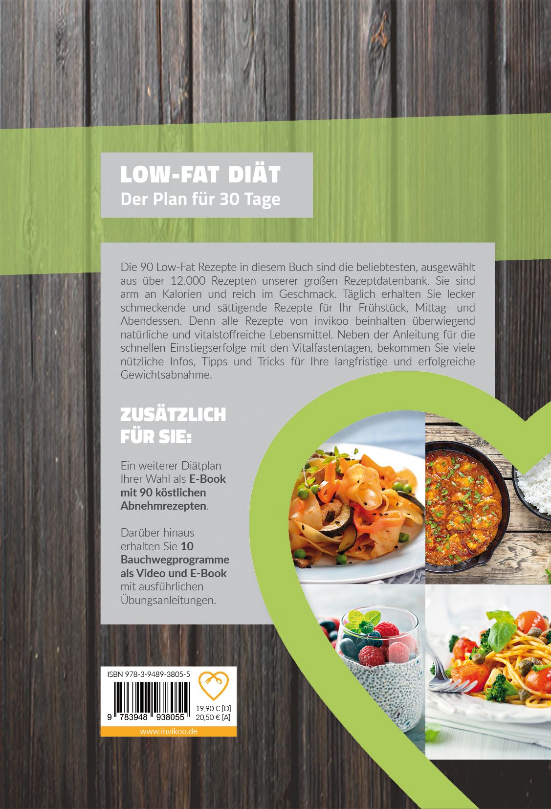 Rückseite des Buches Low-Fat Diät. Text über Rezepte und Programme. Zusätzliche E-Books und Videos. ISBN-Nummer und Preis.