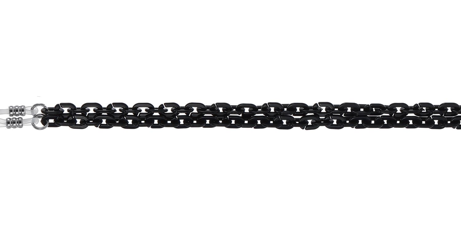 Nahaufnahme einer schwarzen Brillenkette mit ovalen Gliedern. Metallverschlüsse an den Enden.