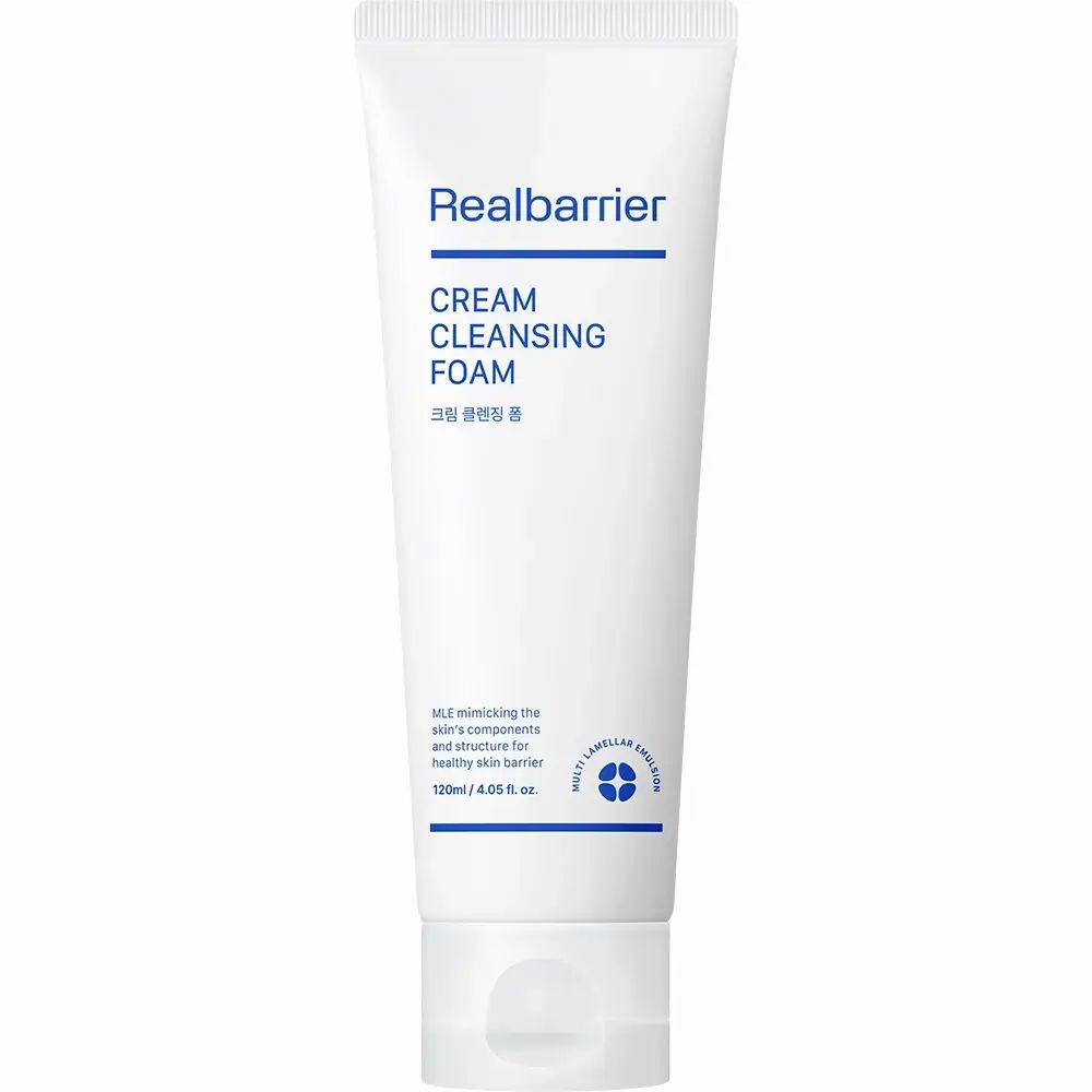 Weiße Tube mit blauem Text. Aufschrift: Realbarrier, CREAM CLEANSING FOAM. Unten: 120ml/4.06 fl. oz.