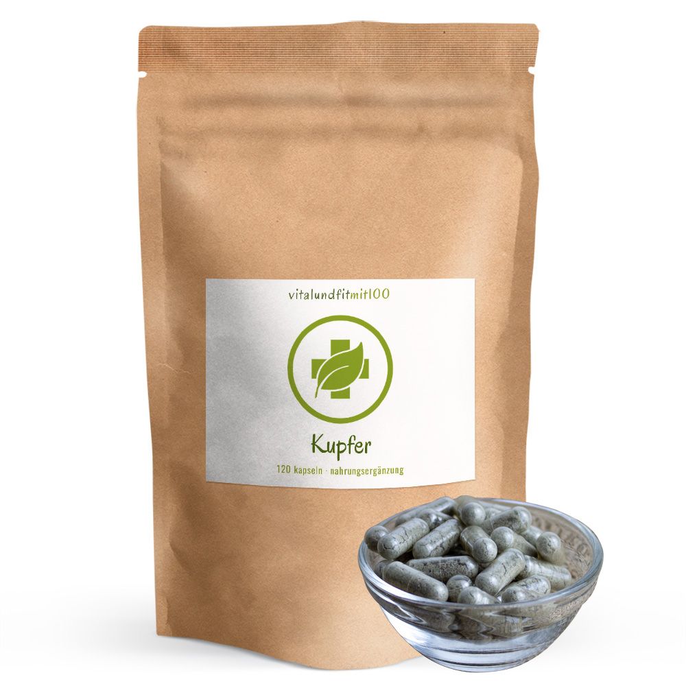 Beutel mit Kapseln. Aufschrift: vitalundfitmit100, Kupfer. Schale mit Kapseln daneben.