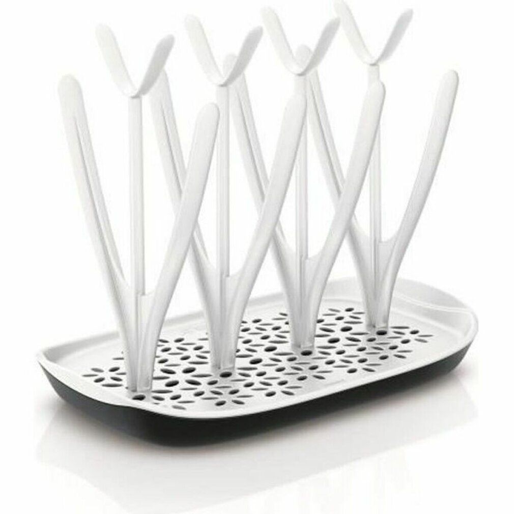 Trockengestell mit weißem Gestell und schwarzer Basis. Die Basis hat ein Lochmuster. Sechs Halterungen sind sichtbar.