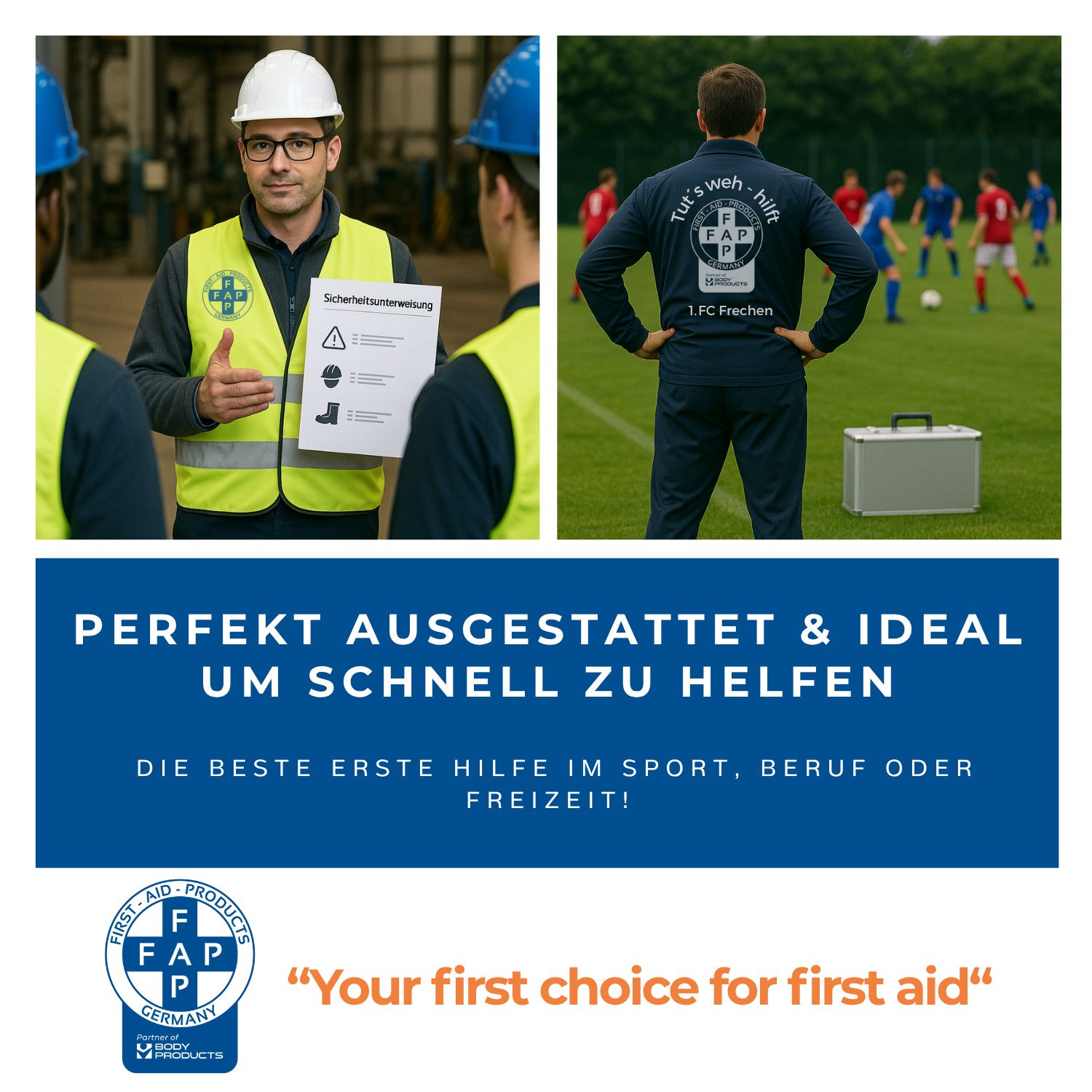 Personen mit Erste-Hilfe-Material. FAP-Logo. Text: Your first choice for first aid.