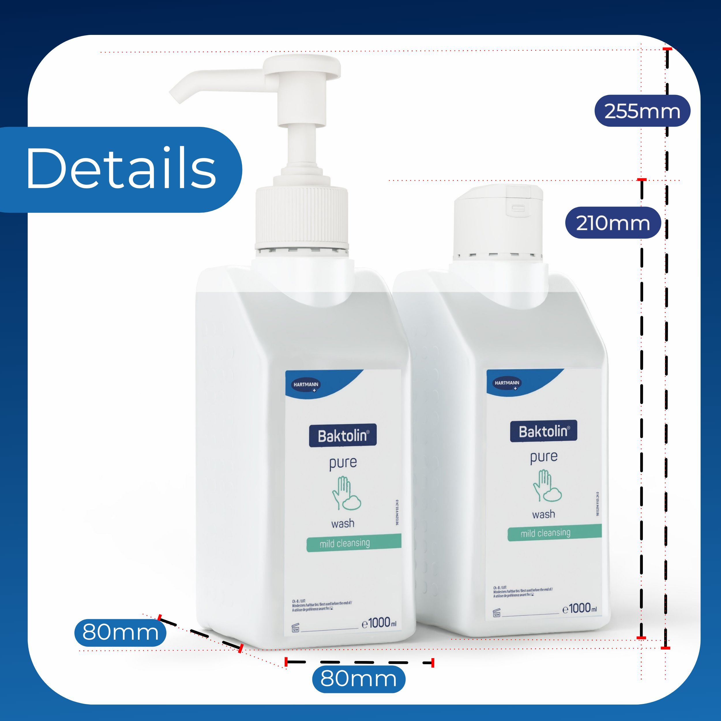 Zwei weiße Baktolin pure Flaschen mit Dosierpumpe. Maße: 255mm hoch, 210mm breit, 80mm tief.