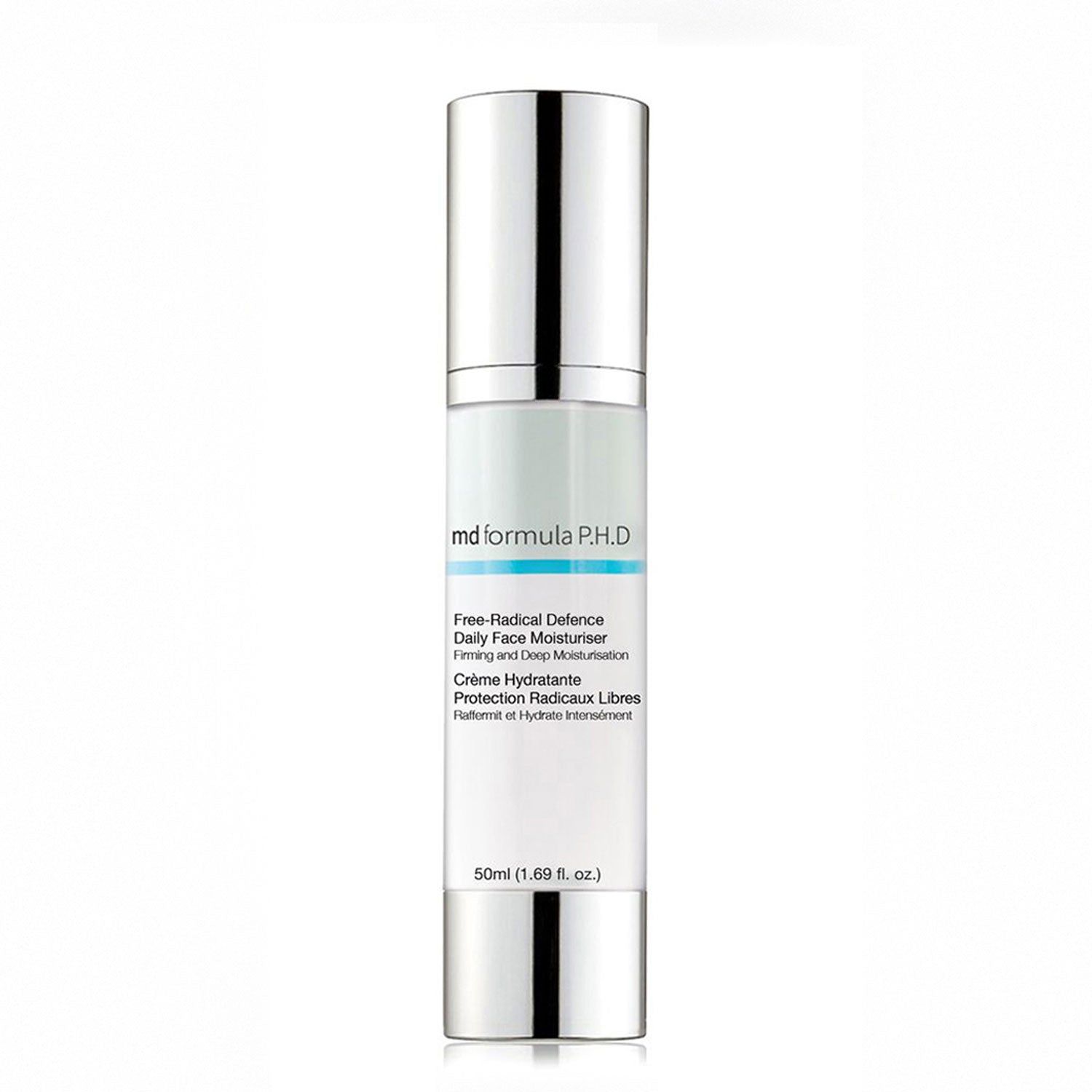 Zylindrische Flasche mit silbernem Deckel. Aufschrift: MD formula P.H.D Free-Radical Defence Daily Face Moisturiser. 50ml.