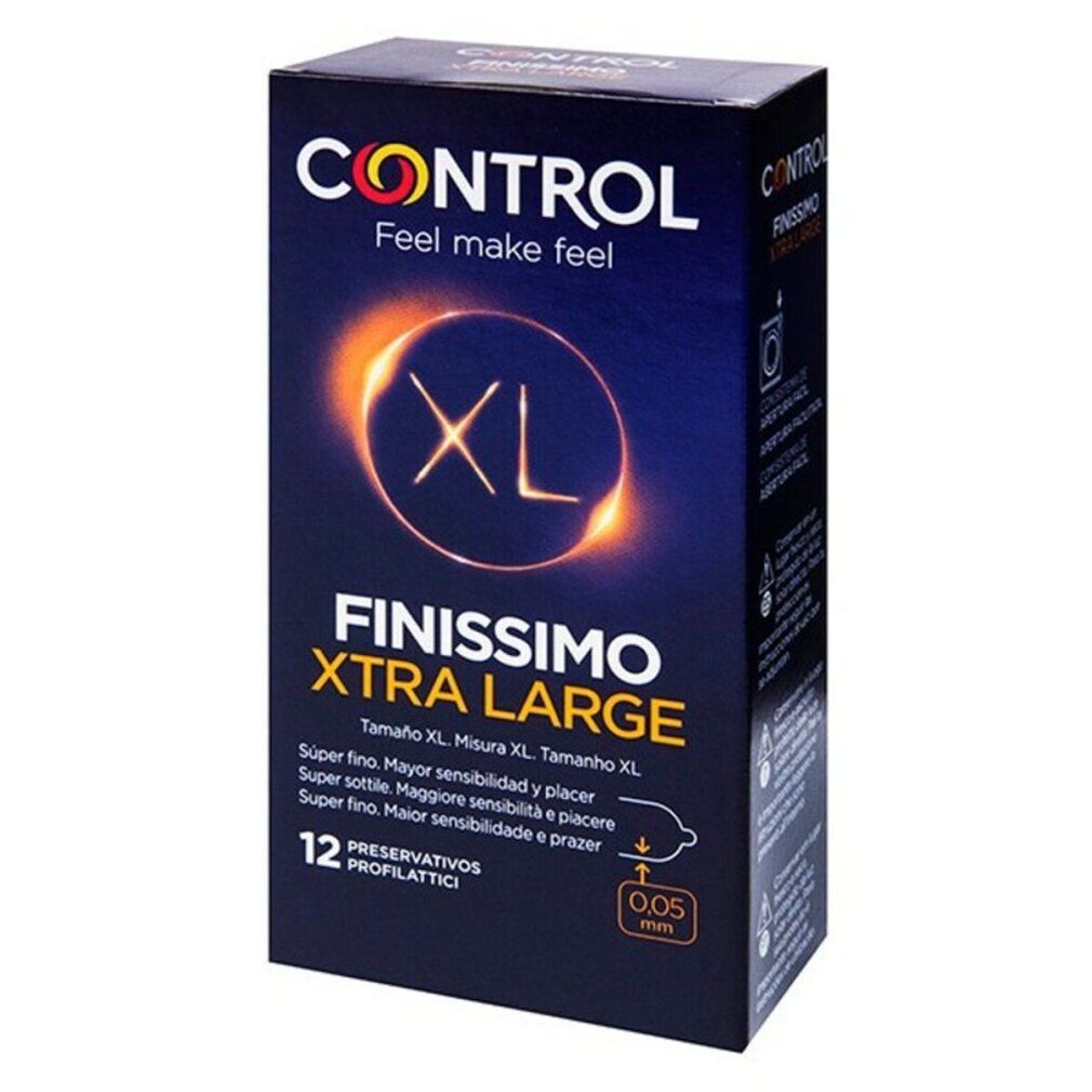 Kondom-Verpackung CONTROL FINISSIMO XTRA LARGE. Enthält 12 Stück. Mit XL-Kennzeichnung und CE-Kennzeichen.