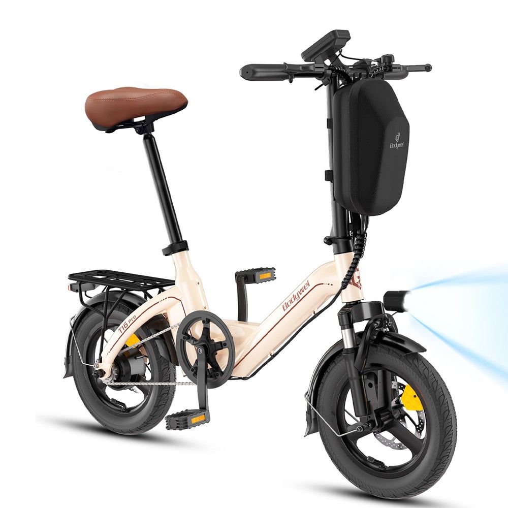 Faltbares Elektrofahrrad, cremefarben, brauner Sattel, schwarze Reifen und Gepäckträger. Scheinwerfer leuchten.