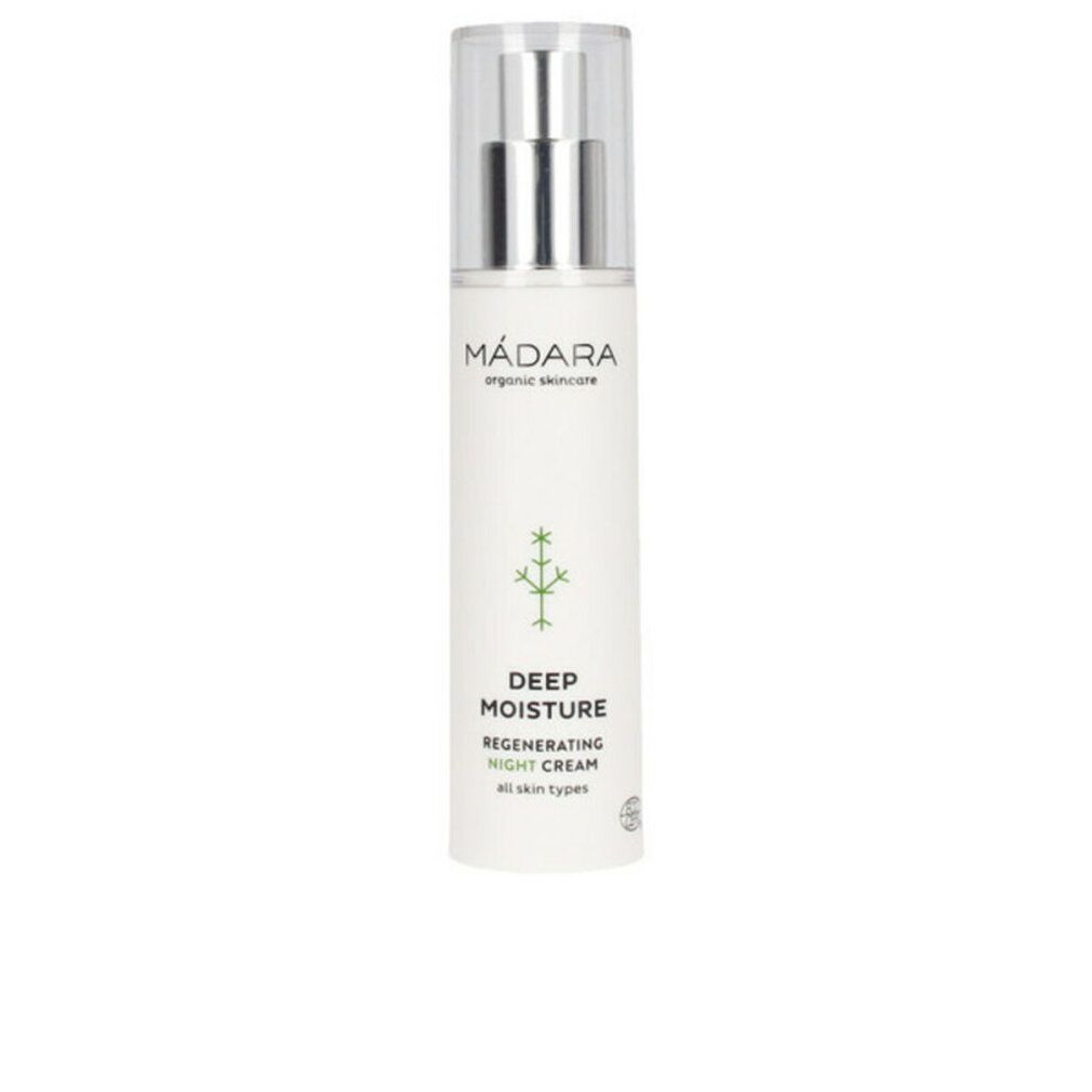 Madara Deep Moisture Nachtcreme. Weißes Fläschchen mit silbernem Spender, grüne Grafik, Text. CE-Zertifizierung.