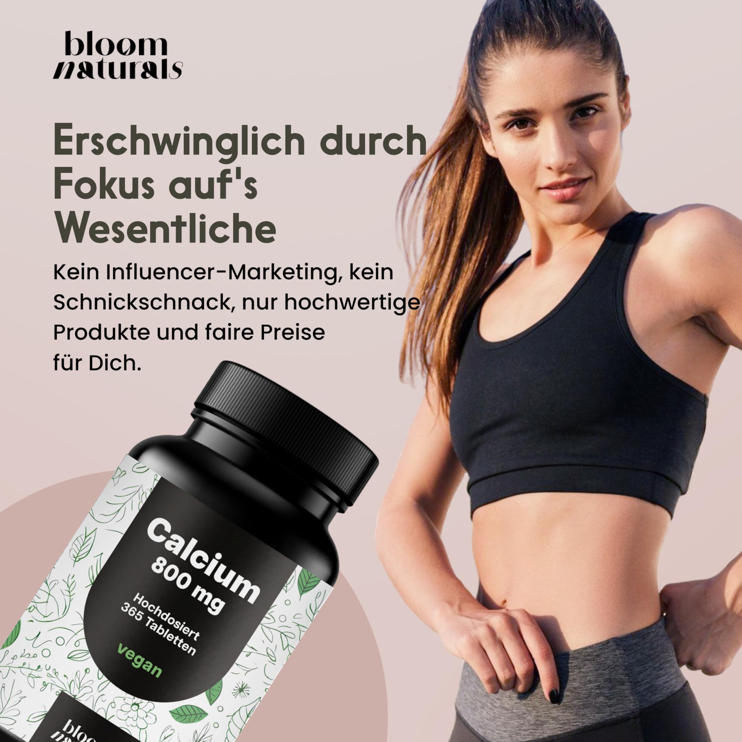Frau mit Flasche "Calcium 800 mg". Text: "Erschwinglich durch Fokus auf's Wesentliche".