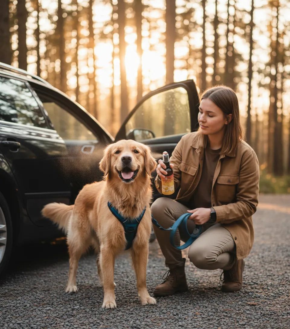 Frau sprüht Produkt auf einen Golden Retriever. Das Auto steht im Hintergrund. Der Hund schaut zur Kamera.
